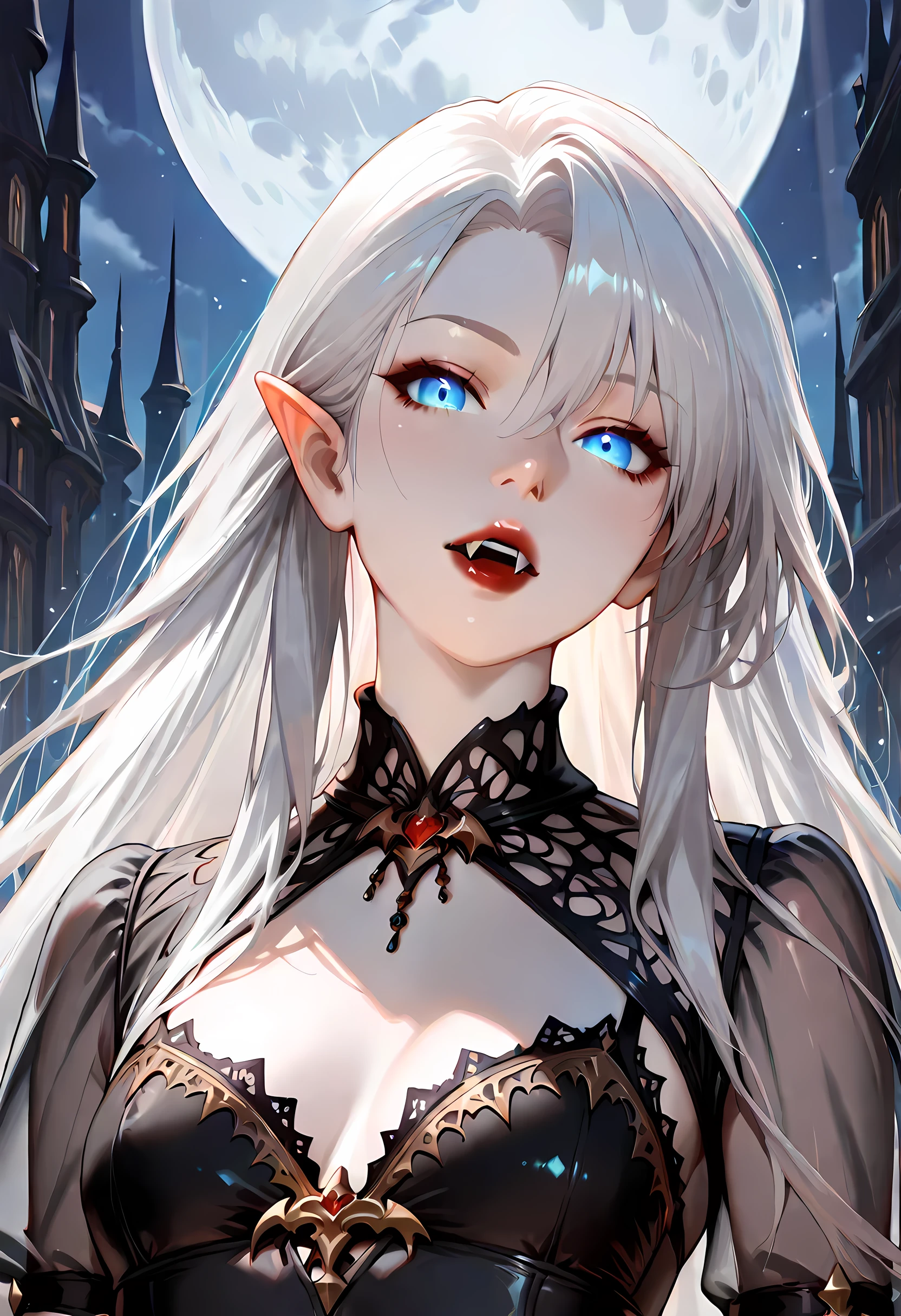 (masterpiece,best quality,ultra-detailed),1girl,tall girl,pale skin, pointy ears, nightmare:1.2,ancien elf:1.4, delicate, beautiful, mystical,surreal, fantasy clothing,dress,beautiful and detailed face, detailed eyes,looking at viewer, multicolored eyes, glowing eyes,((night)),dark ambient,(beautiful girl,cute,kawai),((dark fantasy)),friendly expression,smile