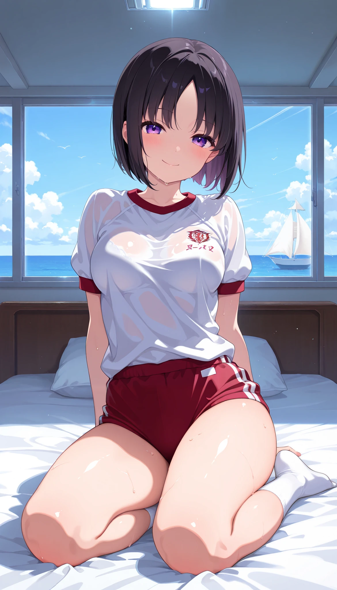 {{{NSFW}}},(masterpiece:1.2),(ultra quality:1.2),(ultra detailed:1.2),(ultra-high resolution:1.2),(very fine 8K CG wallpaper:1.2),Air Groove\(umamusume\),{1 girl,beautiful girl,cute,smile,kawaii, lovely,blushing,playful expression},sharp focus,oily skin,beautiful detailed hair,glossy hair,(wear gym uniform:1.5),(lying on the bed:1.2),wear buruma,perfect two legs,(spread two legs:1.2),,five fingers,(large breaths),beautiful detailed eyes,jewel like eyes,violet eyes, (two hands behind head:1.1),open mouth,armpits, solo,beautiful navel,  looking at viewer,collarbone,earring