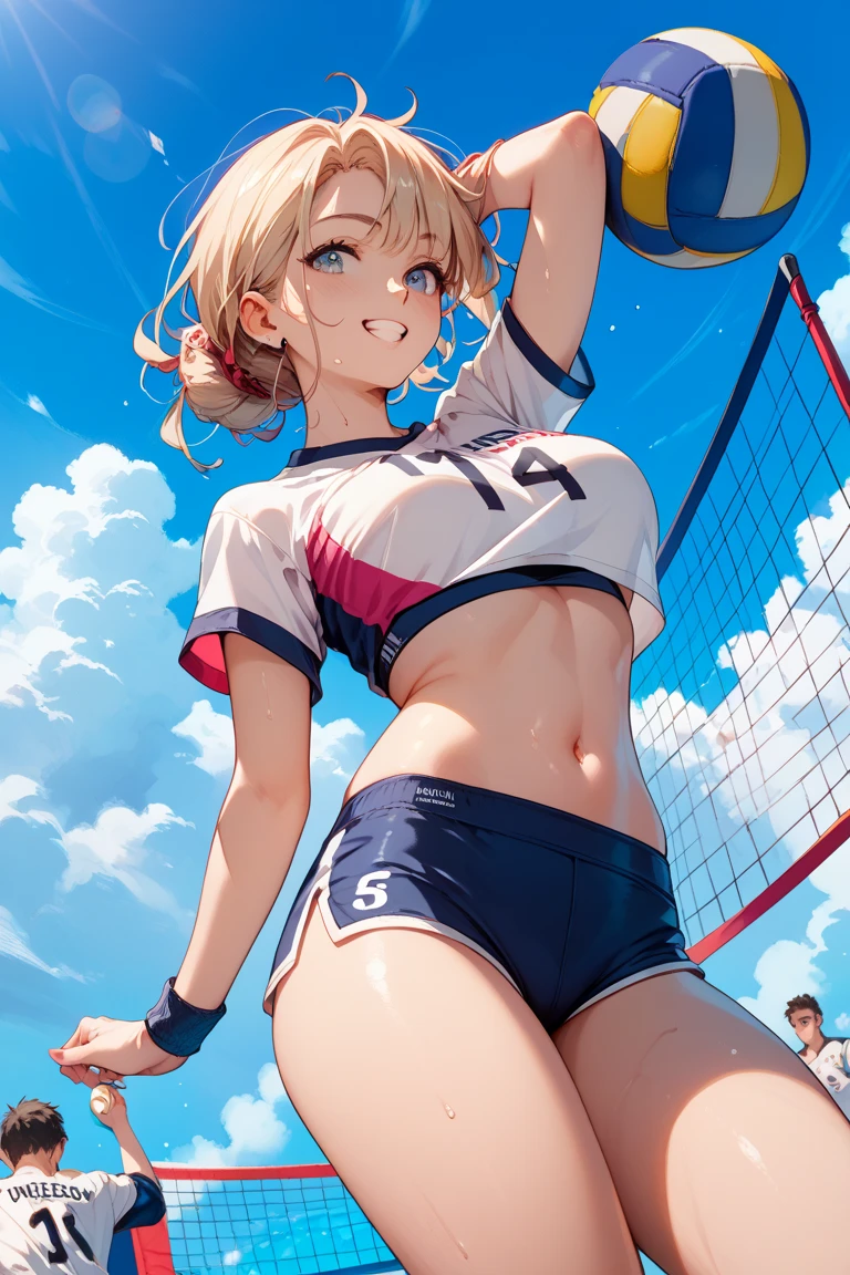 (masterpiece, 4k ,ultra detailed:1.2),(beautiful face:1.2),(anime:1.2),illustration,(solo:1.2),(looking at viewer:1.4),(supermodel:1.3),(volleyball athlete:1.4),(volleyball uniform:1.4),(bike shorts:1.4),(volleyball:1.5),(sweaty skin:1.3),(blue hair),(bangs pinned back:1.3),13yo,(very short hair:1.5),(blonde hair:1.3),(ponytail:1.3),(white panties),(string,abs,bouquet,child,small breasts,petite:1.1),(sfw,nipple,flat chest,dress,sports bra:1.5),(cinematic angle),(full body:1.2),(Camel toe:1.3),(volleyball field:1.5)