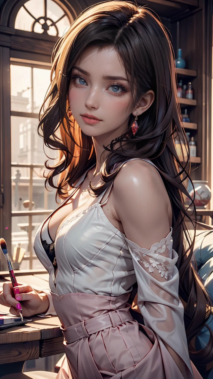 最high quality, 8k, masterpiece: 1.3, Ultra HD, high quality, 最high quality, High resolution, realism)) 、thin、thinだがアスリートのような細マッチョ、I'I don't want my head to disappear from the screen..、Wear accessories on your wrist、Wearing red nail polish、Having a pedicure、Near and far in the air((Atmospheric perspective))、smile((smiley))、Background Blur((Depth of written boundary)、Belly Dancer、Wear a belly dance costume、、My abs are ripped、I can see my belly button、barefoot、Crystal Earrings((Crystal Earrings))、Hair behind the ear((Hair behind the ear))、Chest pocket、background art nouveau、Dance vigorously、Petals dance across the screen.、Face Veil((Mouth veil))、Wear an anklet