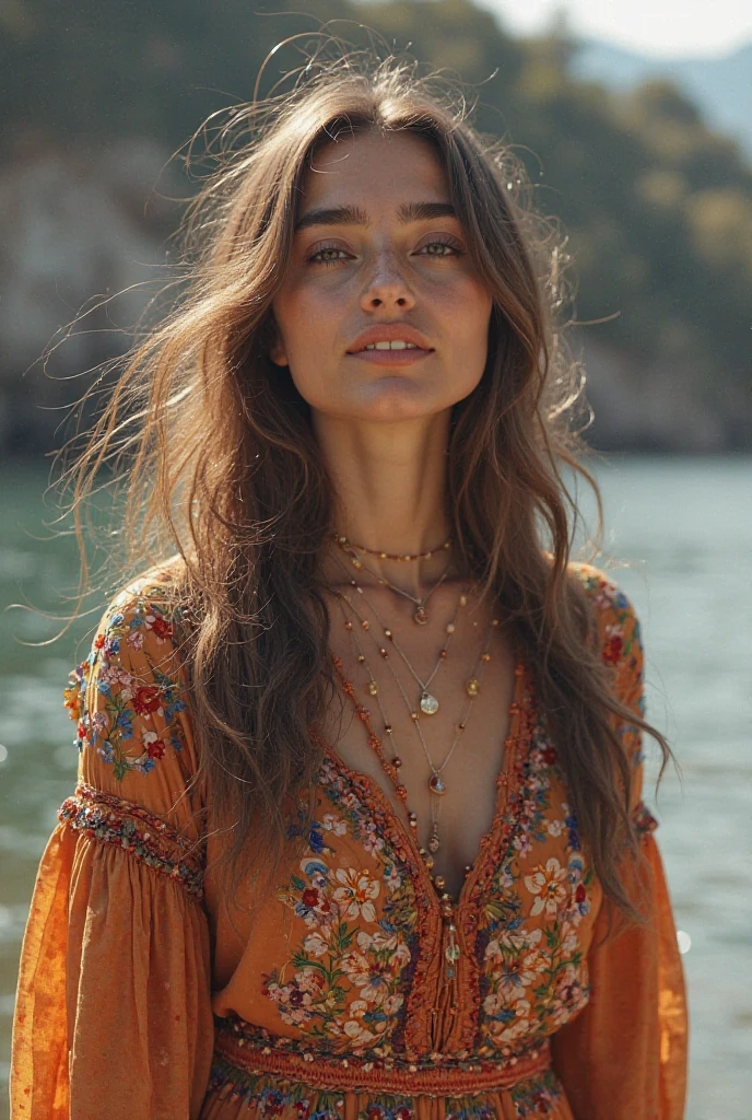 Generate me a Russian model top with a magnificent ultra real face very detailed in 8k, a magnificent orange summer outfit ,Jewelry,accessories, a landscape with a magnificent lake