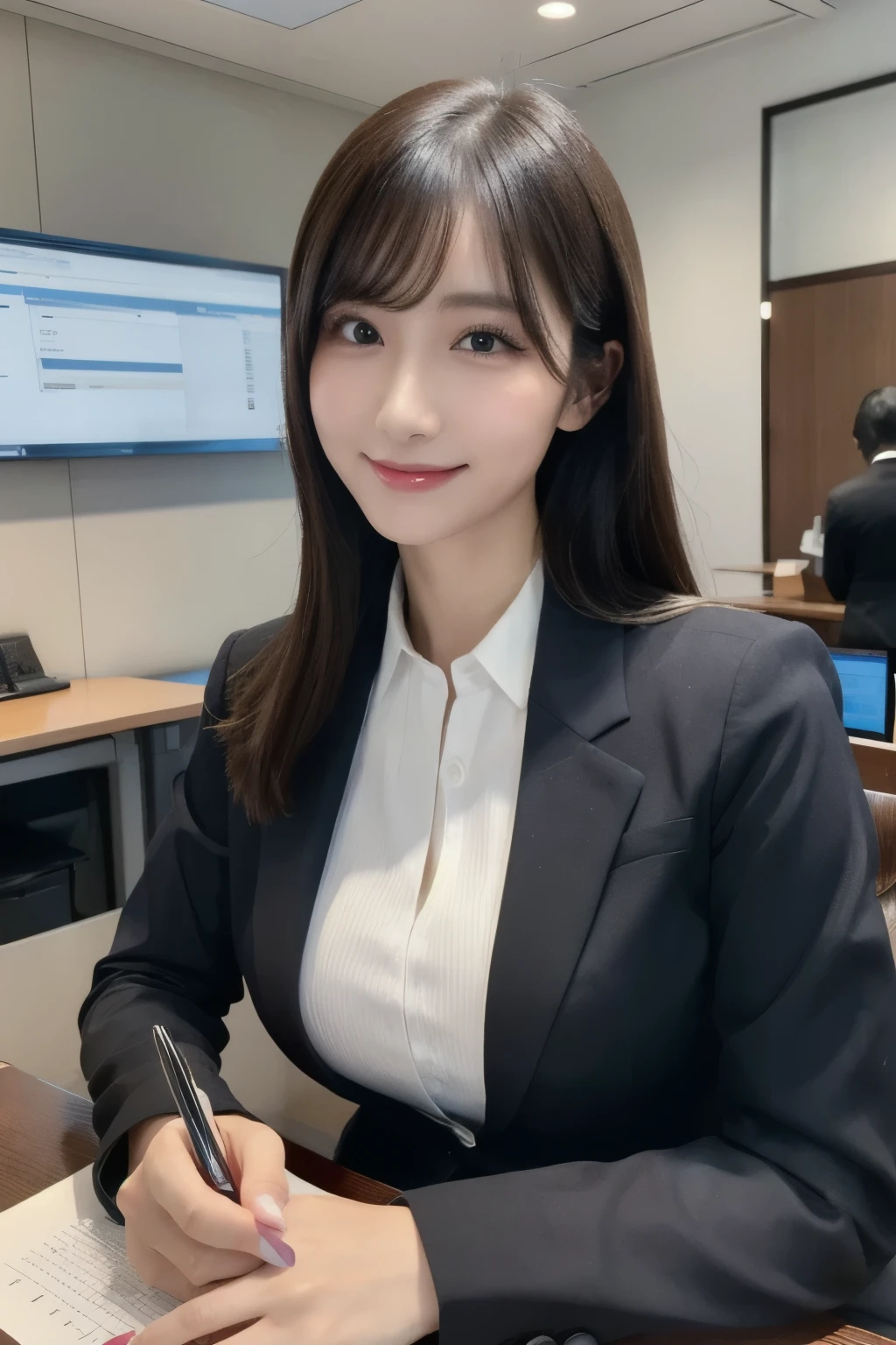 masterpiece,best quality, ultra highres,8k,16k,delicate photography, sharp line, sharp focus, (perfect anatomy:1.5), RAW photo, resolution,realistic,ultra detailed,sharp focus,RAW photo,白,蒼,黒,UHD,
BREAK,
beautiful Japanese girl,large breasts,Long eyelashes,
(A stunning female banker wearing a professional business suit:1.3), sitting at a modern bank office, smiling confidently while working on financial documents.
BREAK,
large breasts,huge breasts,sagging breasts,
1girl,