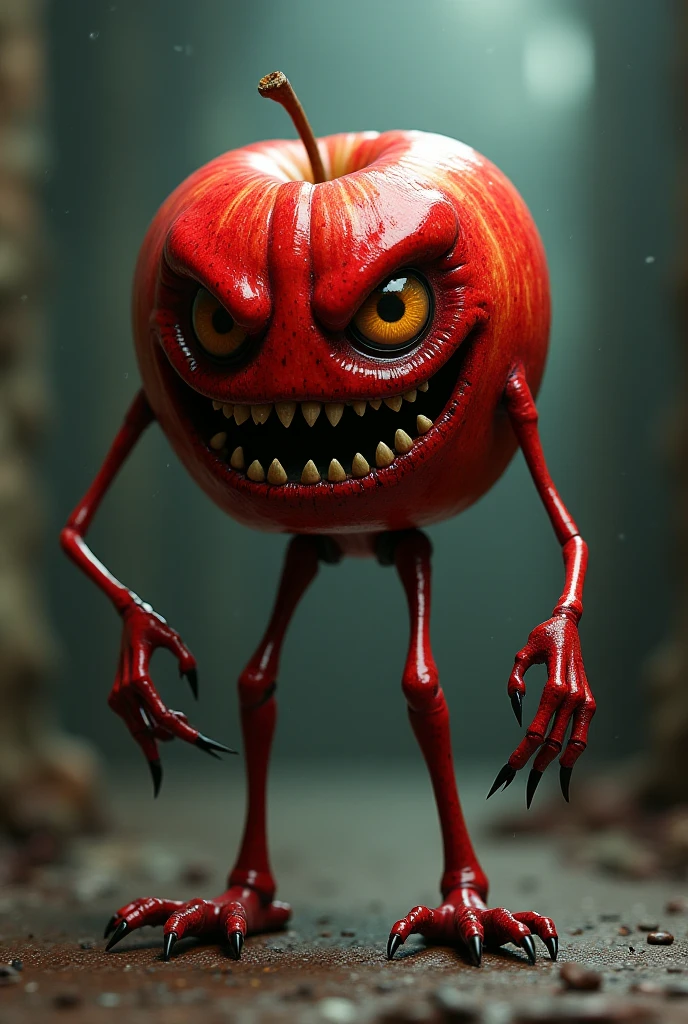 there is a red apple with a big smile on it, fruit monster, creepy evil smile, evil grin, fairy fruit. octane render, evil insane smiling laugh, wide evil grin, tomato monster, evil smile, big evil grin, 3 d cg, red realistic 3 d render, 3d cg, angry smile, scary smile, evil crazy laugh, evil villain grin