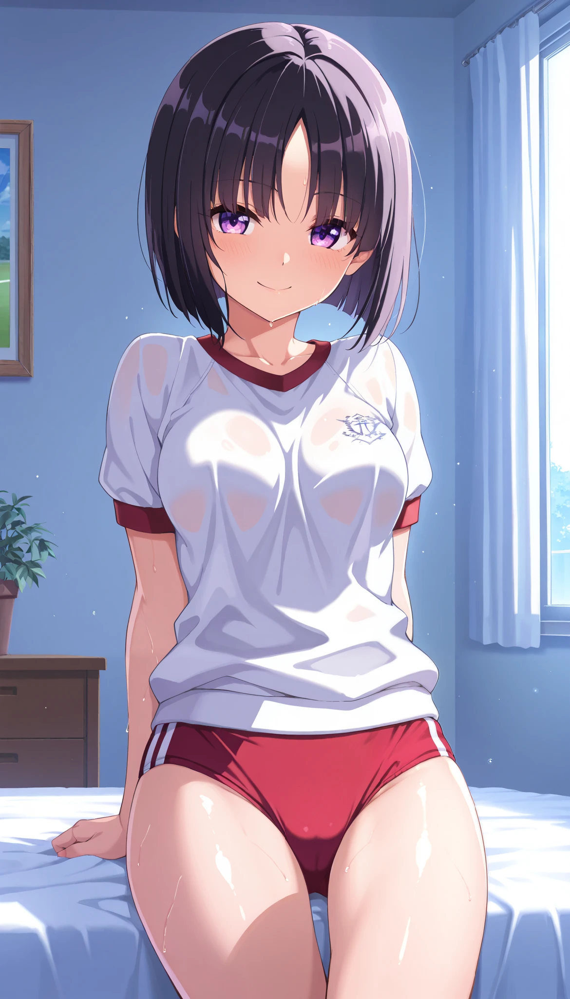 masterpiece, score_9, score_8_up , score_7_up , anime, pinup , greatest masterpiece, Best Quality, yabuki , high resolution, 1 girl, light skin, black hair, bob cut, parted bangs, smile, purple eyes, bedroom, school gym uniform, sail, sweat, shiny skin, shiny cloth, medium breasts, full body