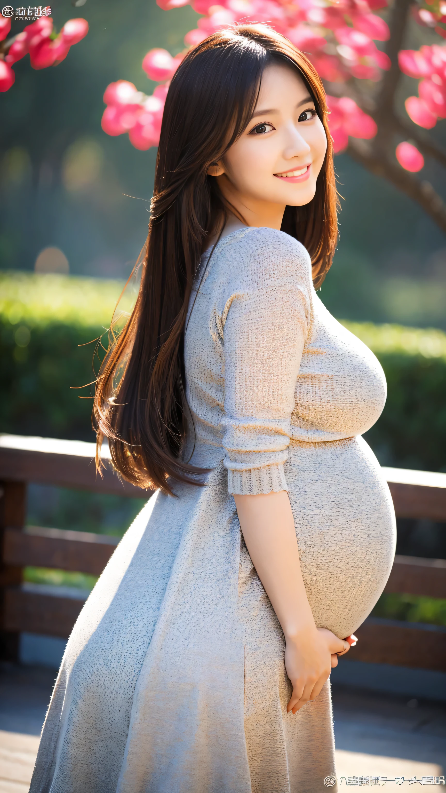 Best-quality, Masterpiece, Ultra-High-Resolution, (Photorealistic:1.4), Raw-Photo, Extremely-Details, Perfect-Anatomy, 1girl, the most famous Japanese actress, cowboy-shot, upturned hip, looking at viewer, beautiful smile, wearing only very tight and long-sleeve colorful knit-dress with cute design, detailed extremely beautiful face like a most popular Japanese actress, detailed extremely beautiful big black solid circle eyes, detailed extremely beautiful hair, detailed extremely beautiful realistic skins, detailed extremely beautiful hip, detailed extremely beautiful big breasts, ((huge pregnant)), detailed extremely beautiful body, detailed extremely beautiful thighs, detailed very tight and long-sleeve colorful knit-dress with cute design