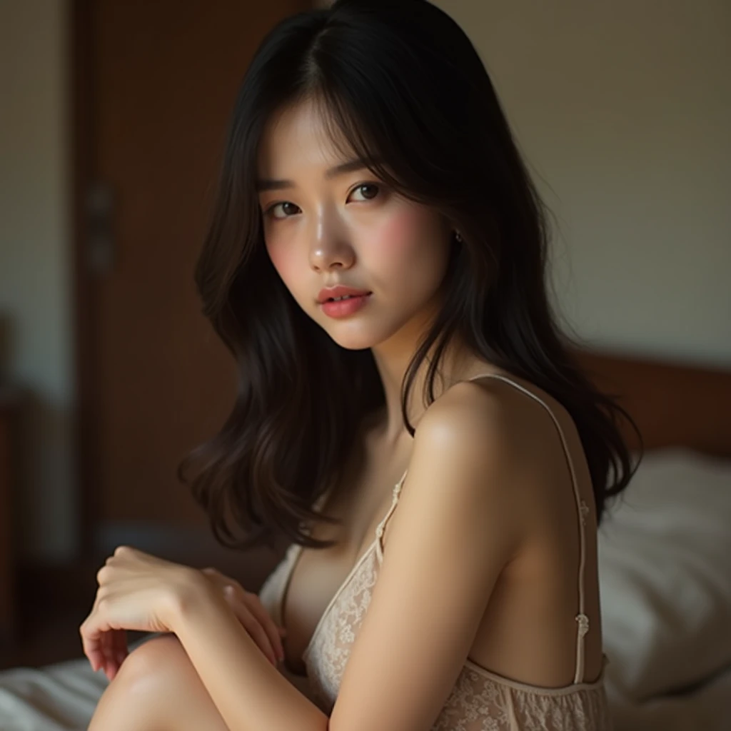 8k,Japanese woman looking at the camera on the bed,Sitting on the bed、Beautiful knees、Hiding the V-line、Young Face、Cute and simple(Like the real thing),Portraiture, The perfect angle、Professional quality high resolution、Perfect contrast、Perfect lighting、Perfect composition、Perfect Skin、perfect knees、Perfect legs、Perfect Fingers、Perfect breasts、Perfect Hair、Perfect Face、Realistic facial features,masterpiece,Photorealistic raw photos,Bright colors,Rich colors,50mm lens,Nikon D850,Highest quality,Slim figure,Perfect body line,Perfect hand shape,Anatomical Body Balance,Highly detailed face,Highly detailed eyes,Beautiful Lips,Excellent light particles,Cinema Lighting,Compensate,In underwear,Embarrassed look,Puzzled look