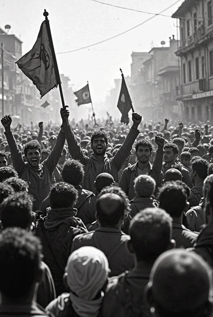 Prompt 1: An old photograph capturing a massive protest in the streets of Tehran in 1978. Thousands of Iranian people, men and women, fill the streets, raising fists and banners against the Shah's regime. The women are wearing hijabs, their expressions fierce and determined. The scene is chaotic, with police in riot gear attempting to control the crowd, and tear gas smoke lingering in the air. The image is slightly grainy, reflecting the quality of the cameras used at the time, adding to the historical authenticity.