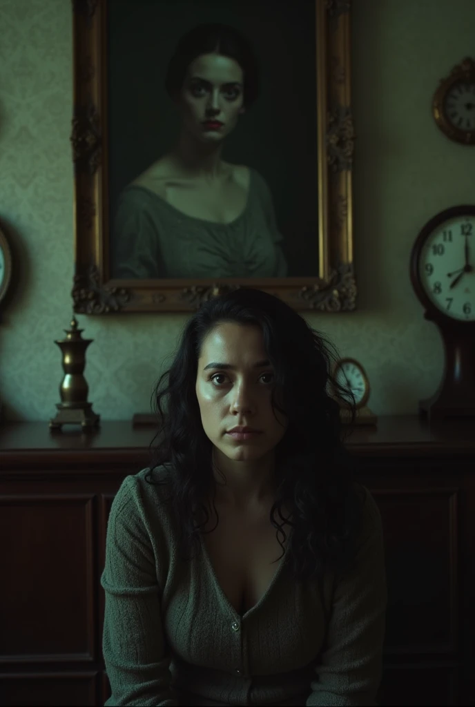 sad woman with a big old broken clock and a guitar in the background