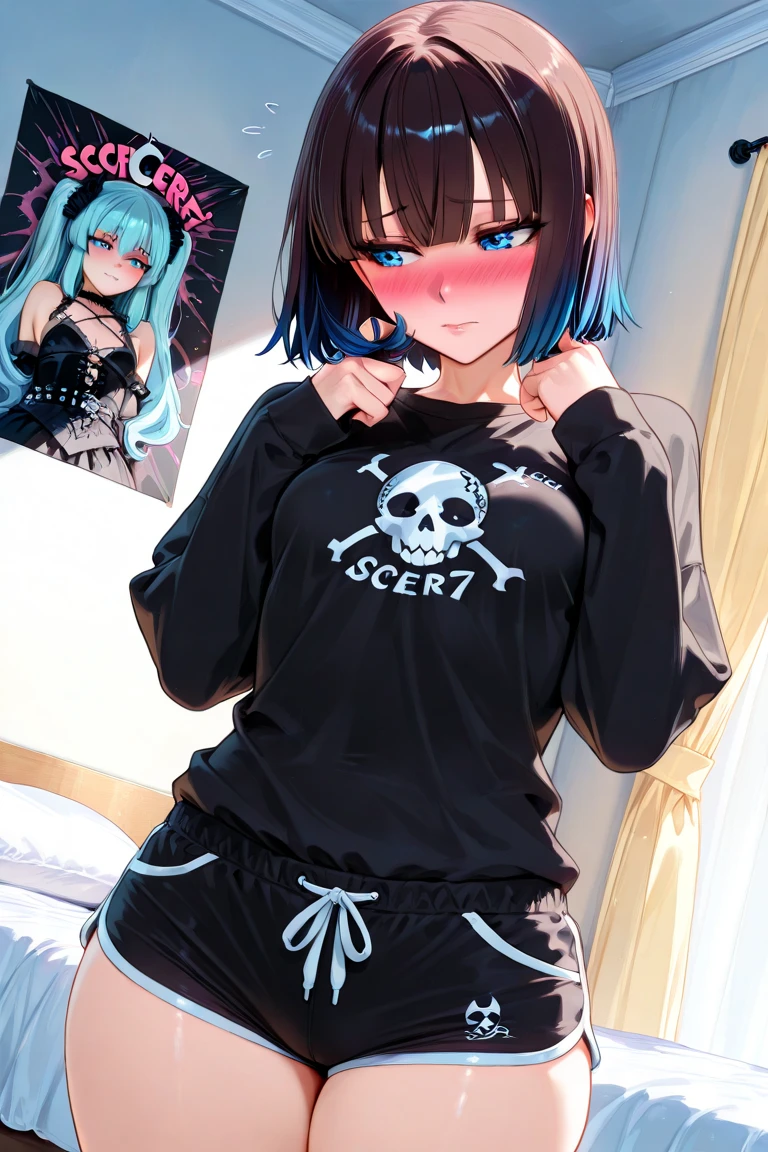 (masterpiece,Highest Quality),(child),((Long black T-shirt,Onepiece)),(A dark-haired,long twintail),Turquoise eyes,sleepy expression,Delicate body