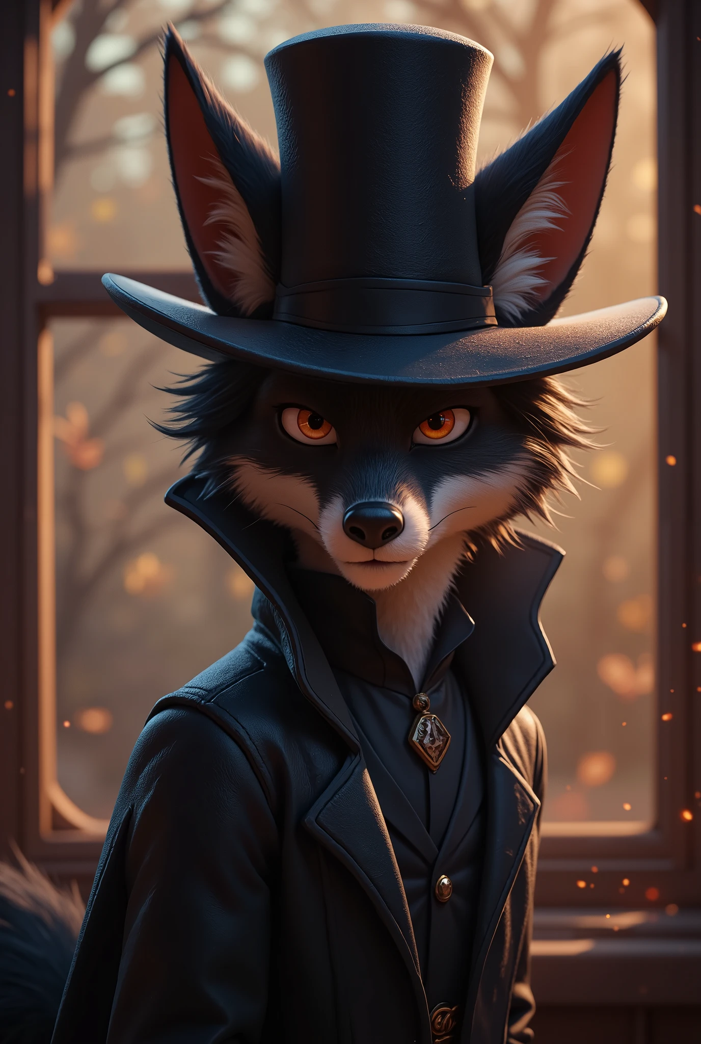 2-D art, cartoon style, old-school Disney, hand drawing, (best quality, masterpiece:1.2), side view, anthropomorphic, a black Fox with short hair, wearing long black coat and black cylinder hat, crime leader, like a 1890s style, noire, simple lines, looking to camera, serteuse look, big expressive eyes, (natural textile texture, soft light, sharp:1.2), (intricate details:1.1), bokeh