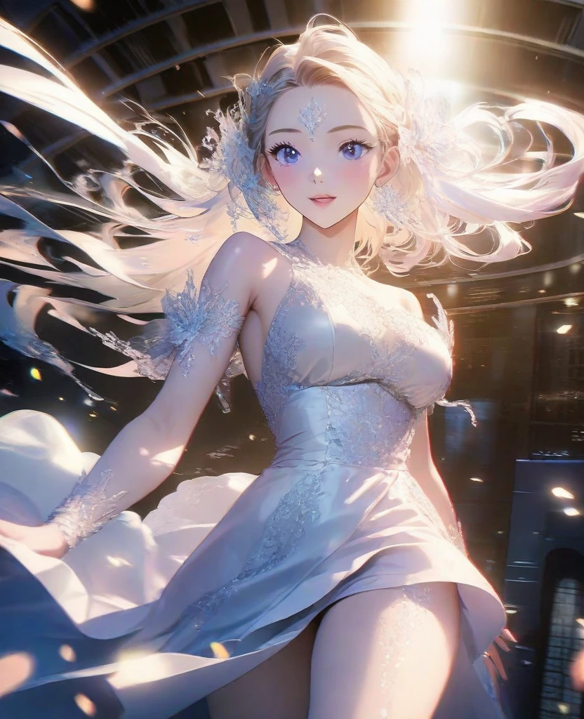 (8K, RAW photo, Photorealistic:1.25) ,( full bodyesbian,Highly detailed facial and skin texture,,A detailed eye, 二重まぶた,Whiten skin,long whitr hair,Gloss on lips, eyeslashes, gloss face, Glossy glossy skin, best qualtiy, 超高分辨率, depth of fields, color difference, Caustics, Wide light, naturalshadow, Kpop idol) Watch the audience playfully dance in serenity and goddess-like bliss,Open the thighs,See the white Dead Reservoir