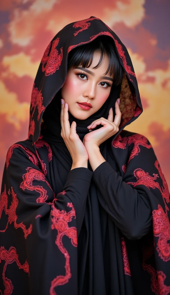 POV, close up, the most beautiful hijab girl. wearing casual Versace in white and pink Kimono style that has shining Red Magical dragon pet with spesial effect stroboscopic dramatic,sitting at the "Tong" cafe while holding a large Mobile legend sword while smiling warmly, an Aesthetic cafe which has walls made of woven bamboo which forms beautiful embossing geometric patterns with neon outlines become aesthetic background, reflective, HDR, backdrop views. 32k image resolutioncinematic, Phase One XF IQ4 150MP, Schneider Kreuznach 80mm LS f/2.8..Natural lighting, (direct light:0.4), 8mm film grain, photographed on a Sony a9 II, 24mm lens, f/2.8 aperture, Deep focus,