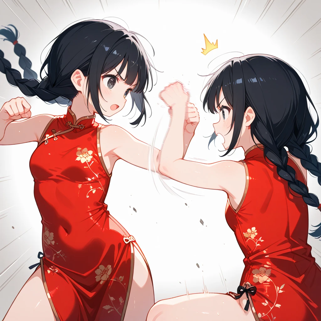 Boxing action Two women in Chinese dresses are boxing in the ring. The woman on the right hits the woman on the left in the cheek.. The woman on the left has her right eye closed, opening her mouth, and sweat.