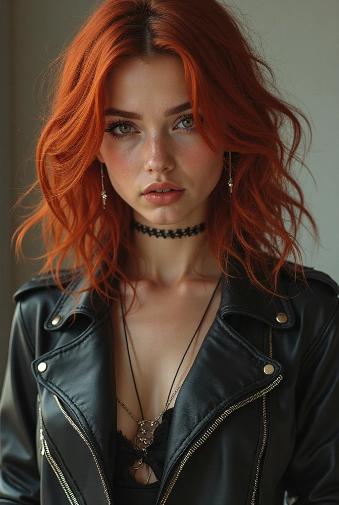 A young woman with red hair with dark brown eyes in a leather jacket, no matter how cool her dress is