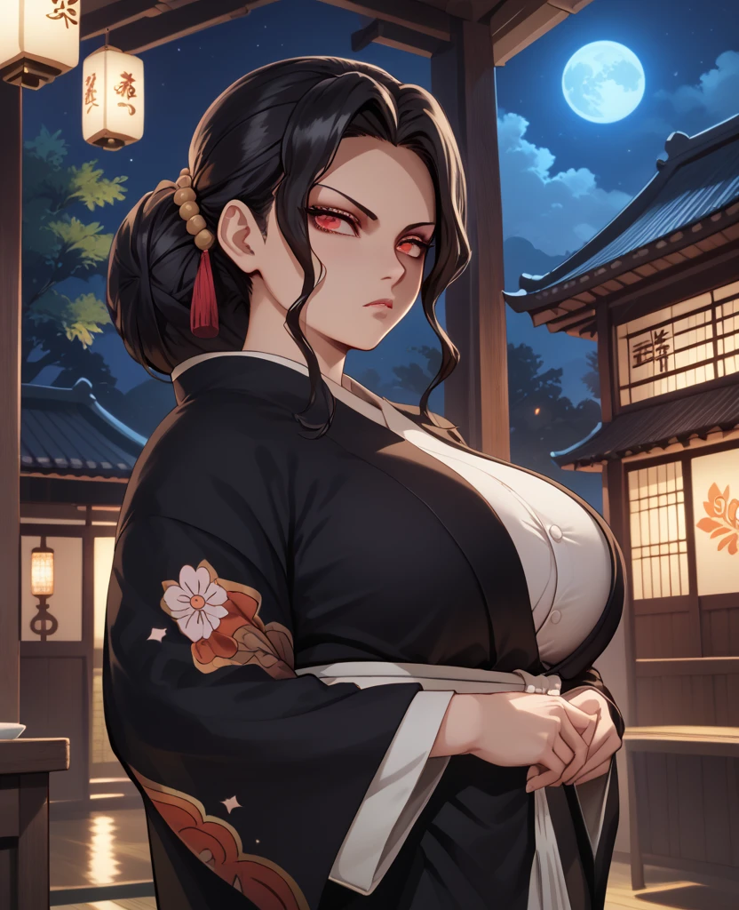 kimono, pale skin, 1girl, black hair, yellow eyes, chubby, plump, huge breasts, mountainous background