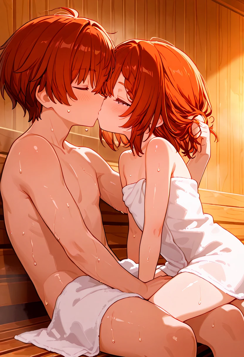 (masterpiece, Highest quality:1.2)、nsfw、Beauty、boyish、Red hair、Completely naked、Pixie Cut、On the bed、Sex、male、sleep、Love Hotel、High Position