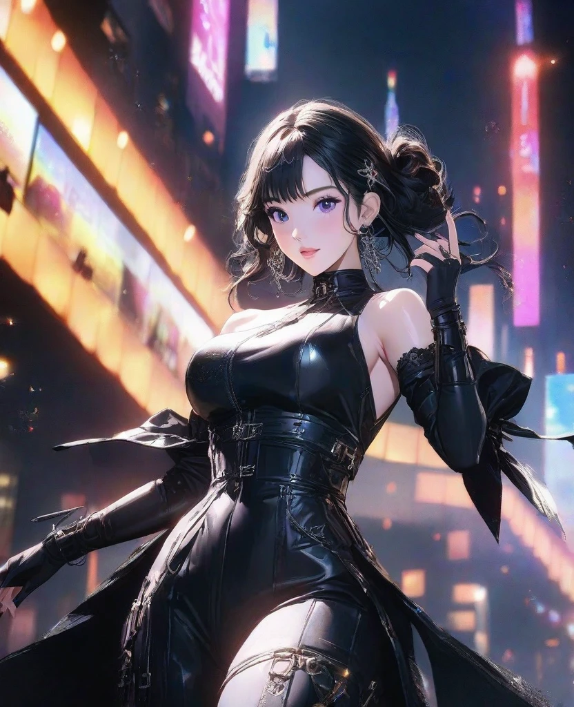 1girl,murasakishikibu, murasaki shikibu, brown hair, (purple eyes:1.1), long hair, big breast, BREAK black dress, dress,, frills, juliet sleeves, long sleeves, puff and slash sleeves, puffy sleeves, purple gemstone, sleeves past wrists, wide sleeves, cone hair bun, double bun, hair bun, hair ornament, long hair, two side up,BREAK (masterpiece:1.2),(beautiful detailed eyes:1.6), extremely detailed face, perfect lighting, extremely detailed CG, (perfect hands, perfect anatomy), standing dancing a Strip Dance on the Stage