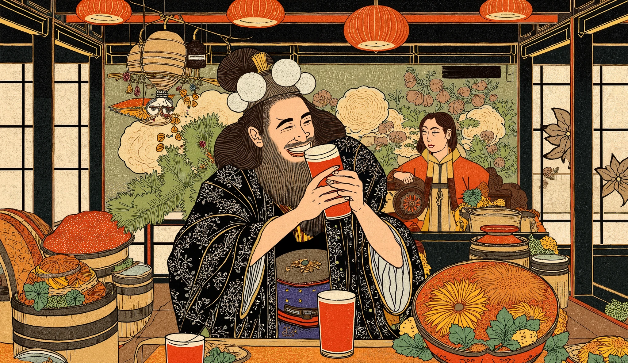 a hokusai syle of dranwing. a brewery. brewing elements, as barley and hops. wooden barrels. brewing equipament. a brewer drinks a red beer.