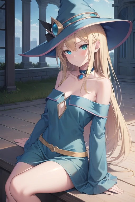 there is a woman in a purple dress and hat sitting on a bench, a portrait by Kamisaka Sekka, featured on pixiv, sōsaku hanga, black magician girl, dark magician girl from yu-gi-oh, marisa kirisame, flirty anime witch casting magic, beautiful dark magician girl, ayaka cosplay, beautiful cowboy witch, yamanaka ino, long blonde hair, bangs,