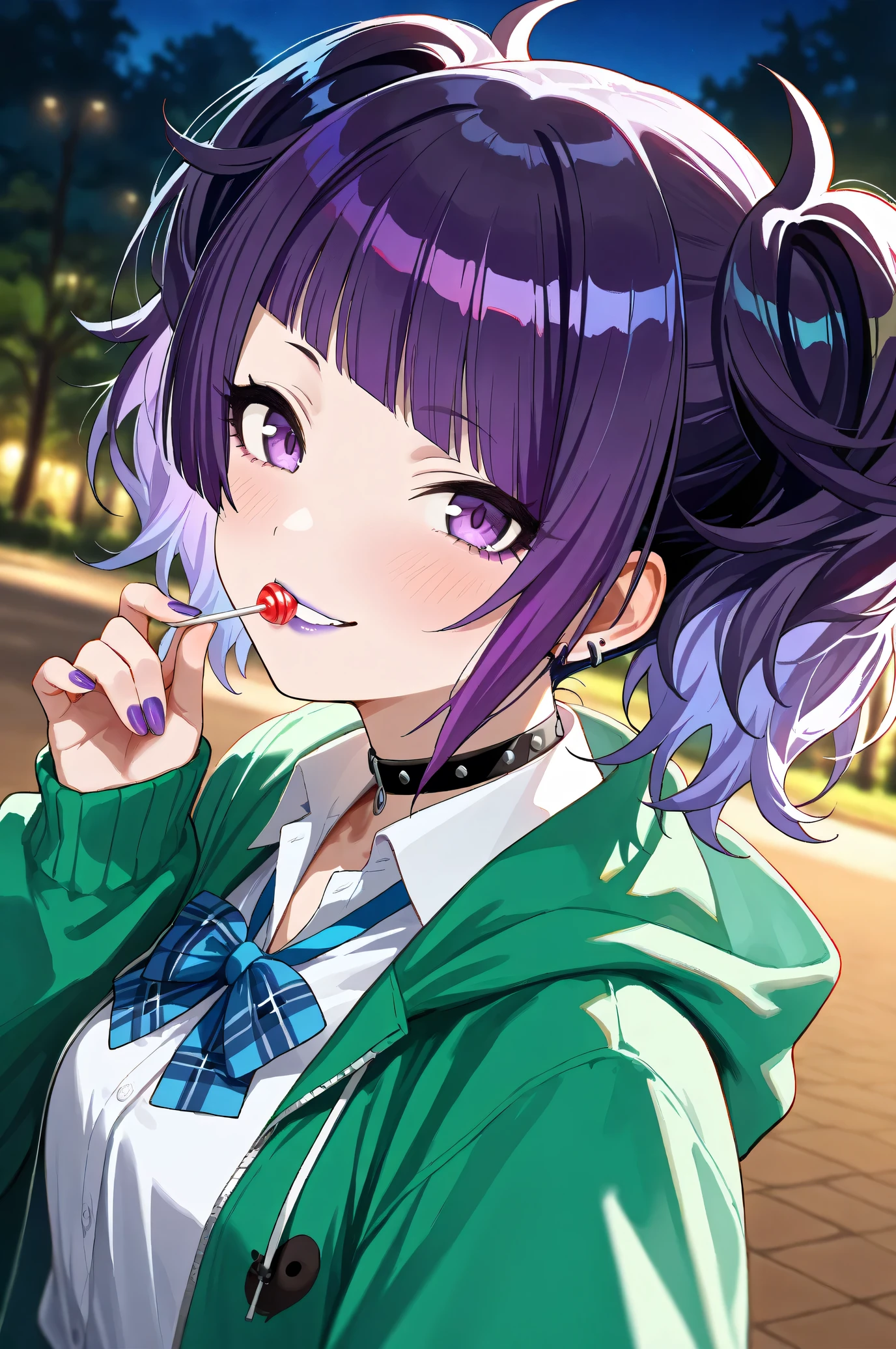 (Masterpiece:1.2), (Highest quality:1.1), (Very detailed),
(The best shape), (Best shadow), (Absurd),
(Detailed Background), (So beautiful), Shiny,
Beautiful eyes in every detail, Extraordinary, Countershading, 8k, 32K, High resolution,
Very Detailed CG ,
Score_9, Score_8_up, Score_7_up, Source_anime,
(Pastel painting:1.2), (Watercolor painting:1.2),
(Masterpiece, Detailed:1.2), (Foreshortening:1.2),
Cinematic, Dramatic, (Depth of field:1.4),
(Blurry background:1.4), (Realistic background:1.4),
1 girl, Solo, Dynamic angle, from side,
Nature, Park, Night,
Tanaka Mamimi,
the idolmaster shiny colors,
tnkmmm, purple hair, short twintails, blunt bangs, diagonal bangs, purple eyes, medium breasts, small breasts,
(School uniform:1.3),
Open hoodie, Green hoodie, Solid hoodie,
Collared shirt, Long sleeve shirt, White shirt,
Indigo ribbon, Butterfly ribbon,
Choker, Purple nail,
(Blush:1.3),
Portrait, Upper body,(Close up shot:1.4),
Looking at viewer,
Smile, Evil smile,
(Focus on mouth:1.2), (Purple lips:1.1),
Realistic skin, Shiny skin,
Holding a lollipop,