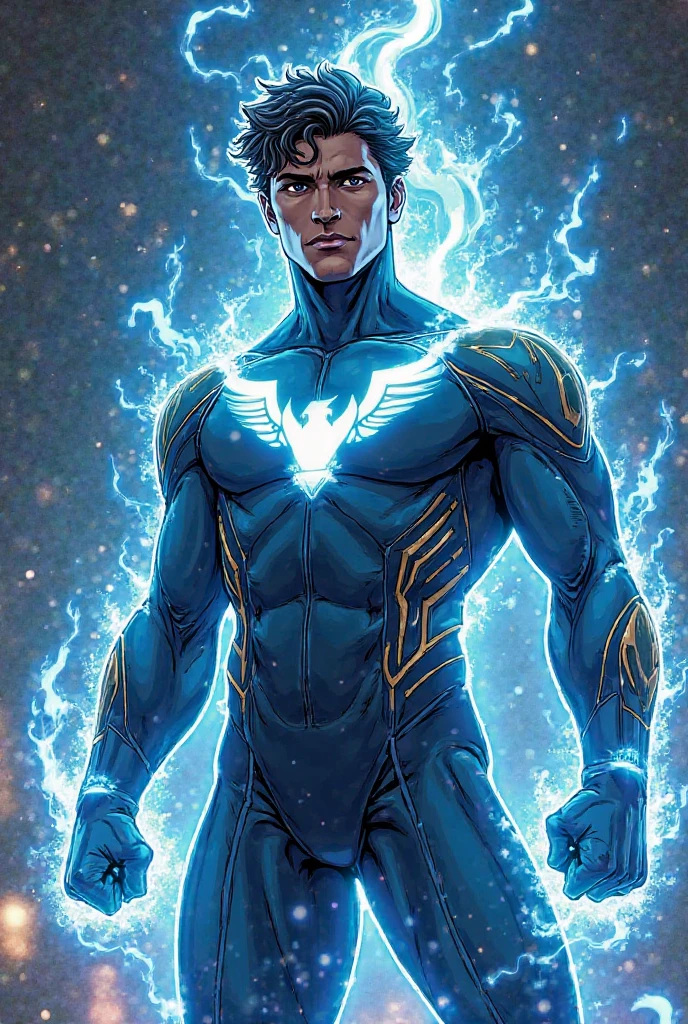 Create Indian-origin a Male superhero with a rich cultural background.Appearance:Suit: A high-tech, form-fitting suit primarily in pearl white, symbolizing purity and strength. Crystal blue accents run along the suit, highlighting the superhero's agility and energy.Boots: Crystal blue boots, designed for both combat and speed.Gloves: Pearl white gloves with golden detailing, representing nobility and power.Chest Symbol: A bold "V" symbol in crystal blue at the center of the chest, symbolizing the superhero's identity and values.Hair: [Insert Hair Description] (e.g., dark, wavy hair that complements the suit’s colors).Eyes: [Insert Eye Color] (e.g., piercing blue eyes that match the suit's crystal blue accents).Powers & Abilities:Primary Powers: [Insert Powers] (e.g., superhuman strength, speed, and the ability to harness energy).Technology: The suit is infused with advanced technology, allowing the superhero to enhance their physical abilities and access a variety of tools and weapons.Cultural Ties: Draws upon ancient Indian mythology or spiritual energy, giving them a unique edge in battle.