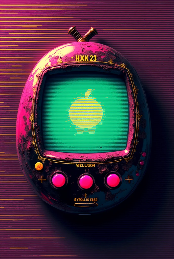 focus: A digitally aged Tamagotchi, with parts of your screen "outdated" and corrupted by time glitches.
main colors:
Neon Pink (#FF00FF)
Acid Green (#00FF7F)
Metallic black
Oxidized gold (# D4AF37 ) to contrast with digital decay.
Patterns and Elements:
Corpo do Tamagotchi:
Pixelated screen showing a "pet satanico" evolving in a loop (egg → baby → adult → error 404).
Scan lines effect (CRT TV lines) overlapping.
Glitch Temporal:
Melting analog clocks (inspired by Dalí) made in pixels.
Error codes in date format (Ex.: "Y2K23.exe").
details:
Portuguese phrases with errors of "translation" retro (Ex.: "EV0LUÇ4O FAULT").
Distressed Tamagotchi edges, as if they were a rusty physical object.
Overlay VHS: Cassette interference pattern in the background (horizontal stripes in yellow and purple).
Inspirations :
Aesthetic de jogos abandonware e liminal spaces.
Hyperpop music album covers with maximalist distortion.