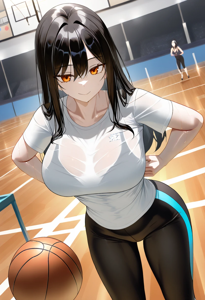 gym, workout, hot, sweating, sweaty, tan, big boobs, tan skin, flustered, blush, black clothes, see thru, yoga pants, black hair, sitting on exercise ball, gym ball, exercise ball