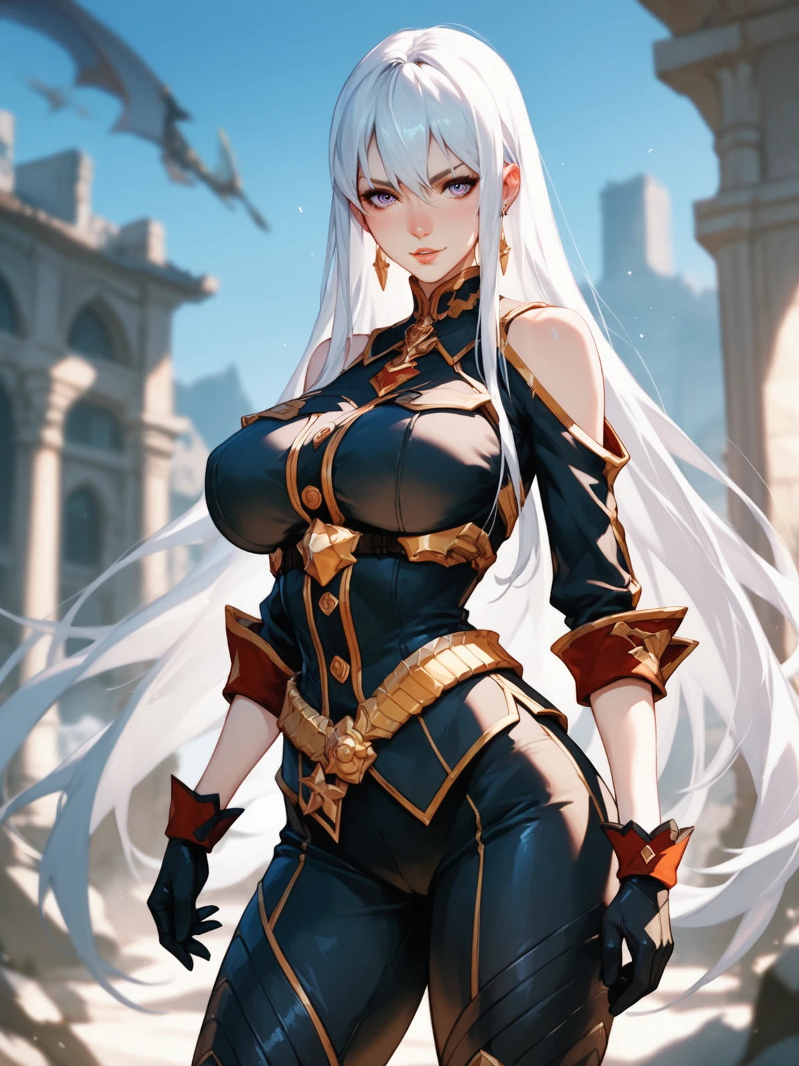(masterpiece, 4K, best quality:1.2) (Selvaria Bles (Valkyria Chronicles) LoRA) black shirt, bare shoulders, detached sleeves, belt, black gloves, full body, view from below, looking at viewer, pink and red lighting, happy evil smirk, furrowed brow, grey background