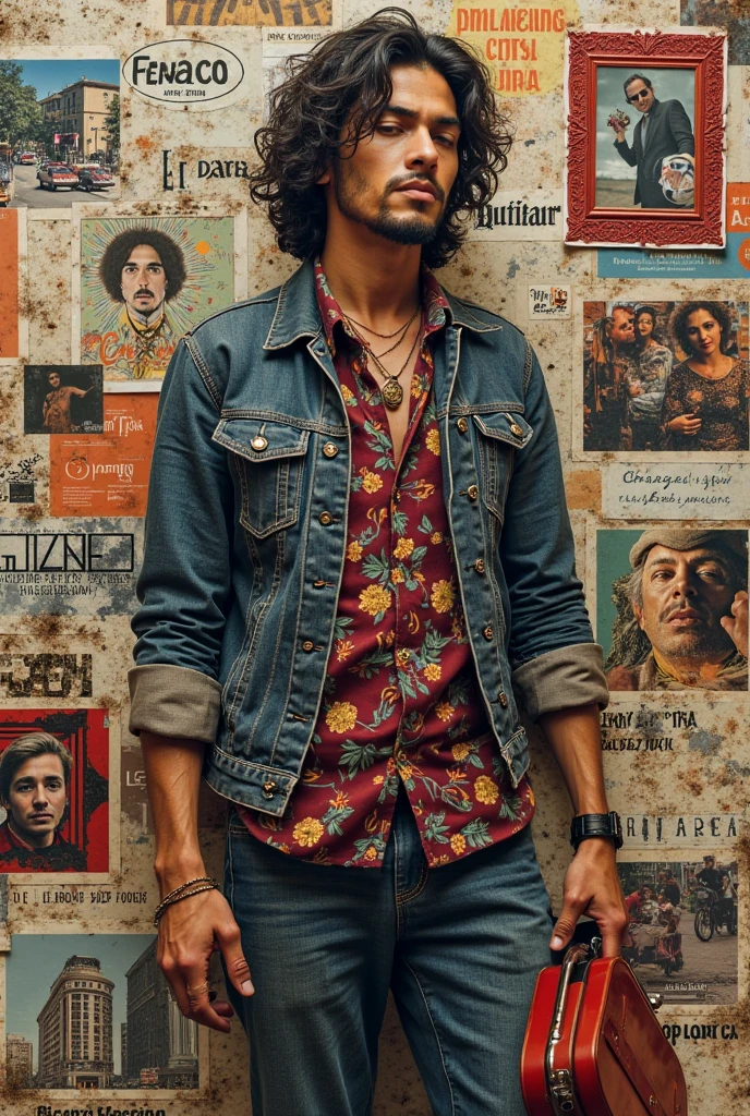 A graffiti-like image of a man with long black hair, but not beyond the shoulders, with sunglasses, the hair is a bit messy, with loose purple and green clothes