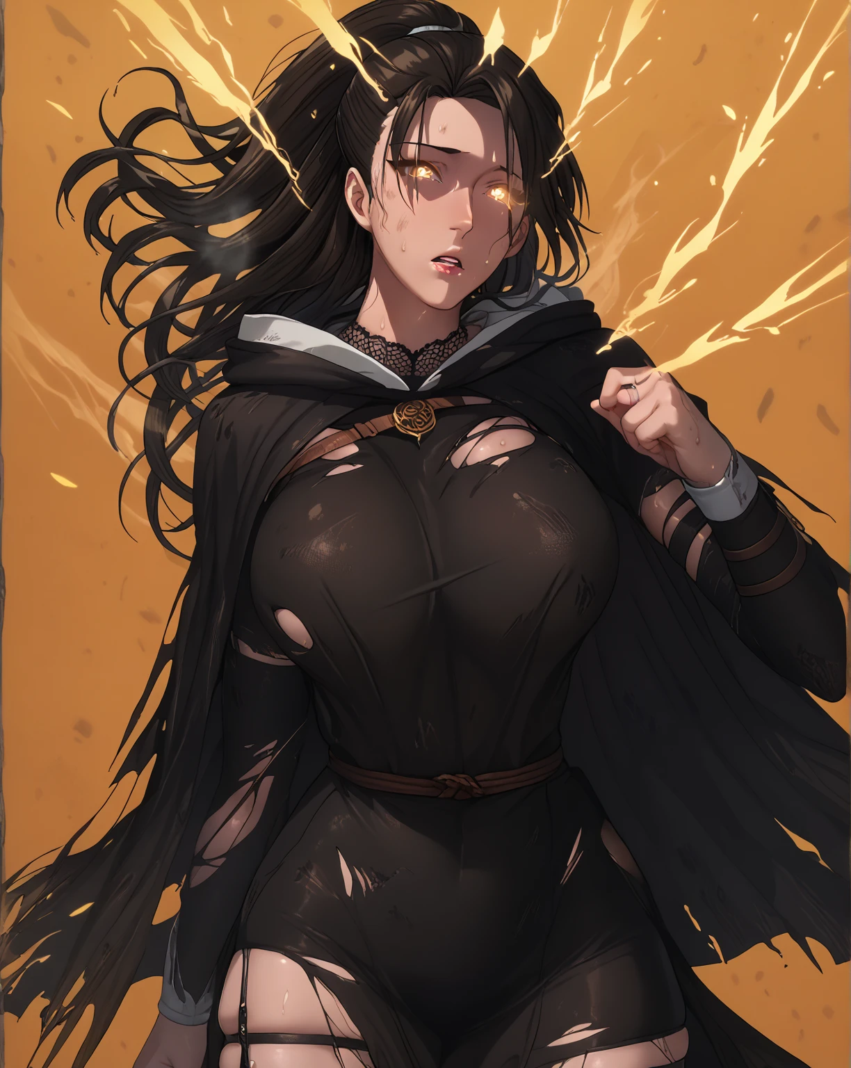 score_9, score_8_up, score_7_up, score_6_up, score_5_up, score_4_up, uncensored, KJOaiko, black hair, brown eyes, long hair, ponytail, anime coloring, anime screencap, (voluptuous:1.3), (thick:1.3), BREAK UHD, retina, masterpiece, accurate, anatomically correct, textured skin, super detail, high details, high quality, award winning, best quality, highres, 4K, excessive sweating, sweating, sweating drop, (gasping, heavy breathing:1.3), (skindentation:1.2), perfect eyes, beautiful eyes, eyelashes, makeup, detailed body, perfect body, BREAK, (aura), (black aura:1.2), (aura:1.4), solo, hood, 1girl, cloak, hood_up, glowing, torn_clothes, grey_background, simple background, particle, gothic, glowing eyes