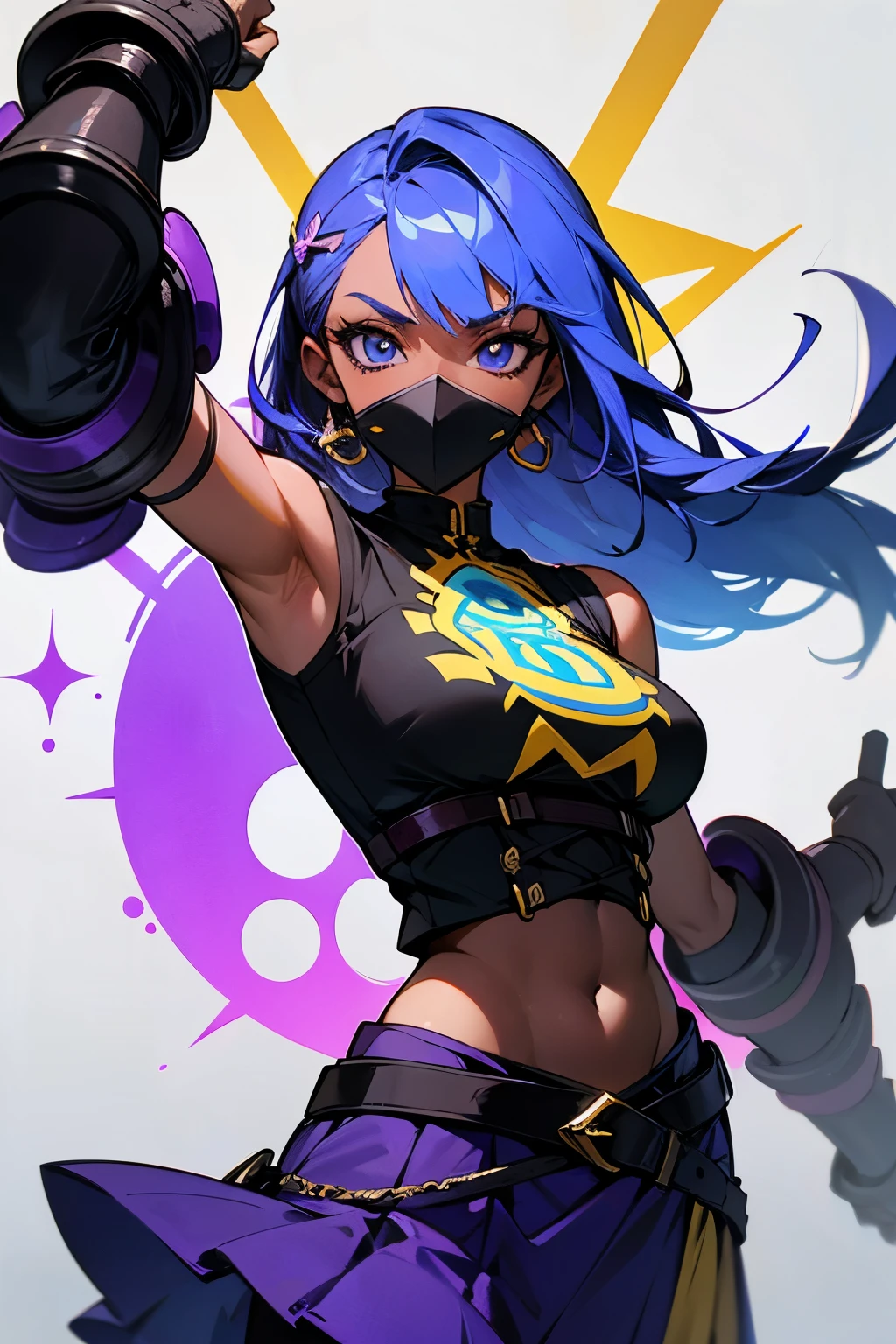 A dark skinned woman with a mask covering her mouth with white lines in it, she has blue eyes and blue hair alongside having a purple pelerine with yellow Aztec symbols and having a purple skirt-like cloth with also yellow Aztec symbols, she wears a sleeveless black body-fit shirt with a leather corset around her waist, she has purple-metallic arm guards in her arms and she has a bow.