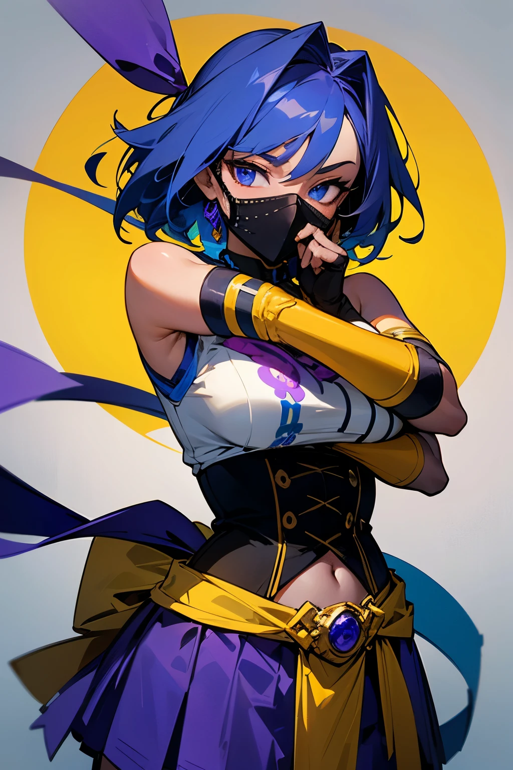 A dark skinned woman with a mask covering her mouth with white lines in it, she has blue eyes and blue hair alongside having a purple pelerine with yellow Aztec symbols and having a purple skirt-like cloth with also yellow Aztec symbols, she wears a sleeveless black body-fit shirt with a leather corset around her waist, she has purple-metallic arm guards in her arms and she has a bow.