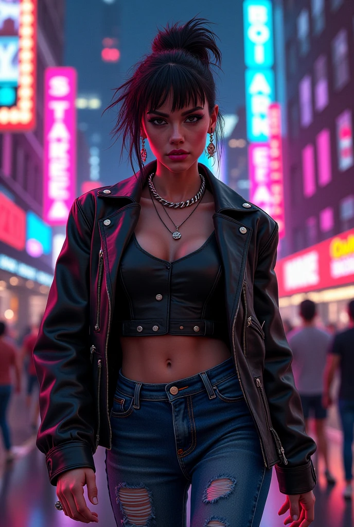 (Evangeline Lilly) Digital illustration featuring a anthropomorphic feline+paws+claw+tail with a striking appearance set against a vibrant, neon-lit urban background. She has human face and black hair with a prominent white streak, styled in a modern. She has yellow eyes. Her skin is fair with a strong complexion, and she has distinct facial features including sharp eyebrows, amber-colored eyes. She wears cat ears on her head, adding a playful yet fierce element to her look. Her attire includes a black choker and a black jacket. A noticeable tattoo of a skull with a gear design is visible on her upper arm. The background is filled with colorful, blurred neon signs in various shapes and sizes, contributing to the cyberpunk aesthetic of the image.