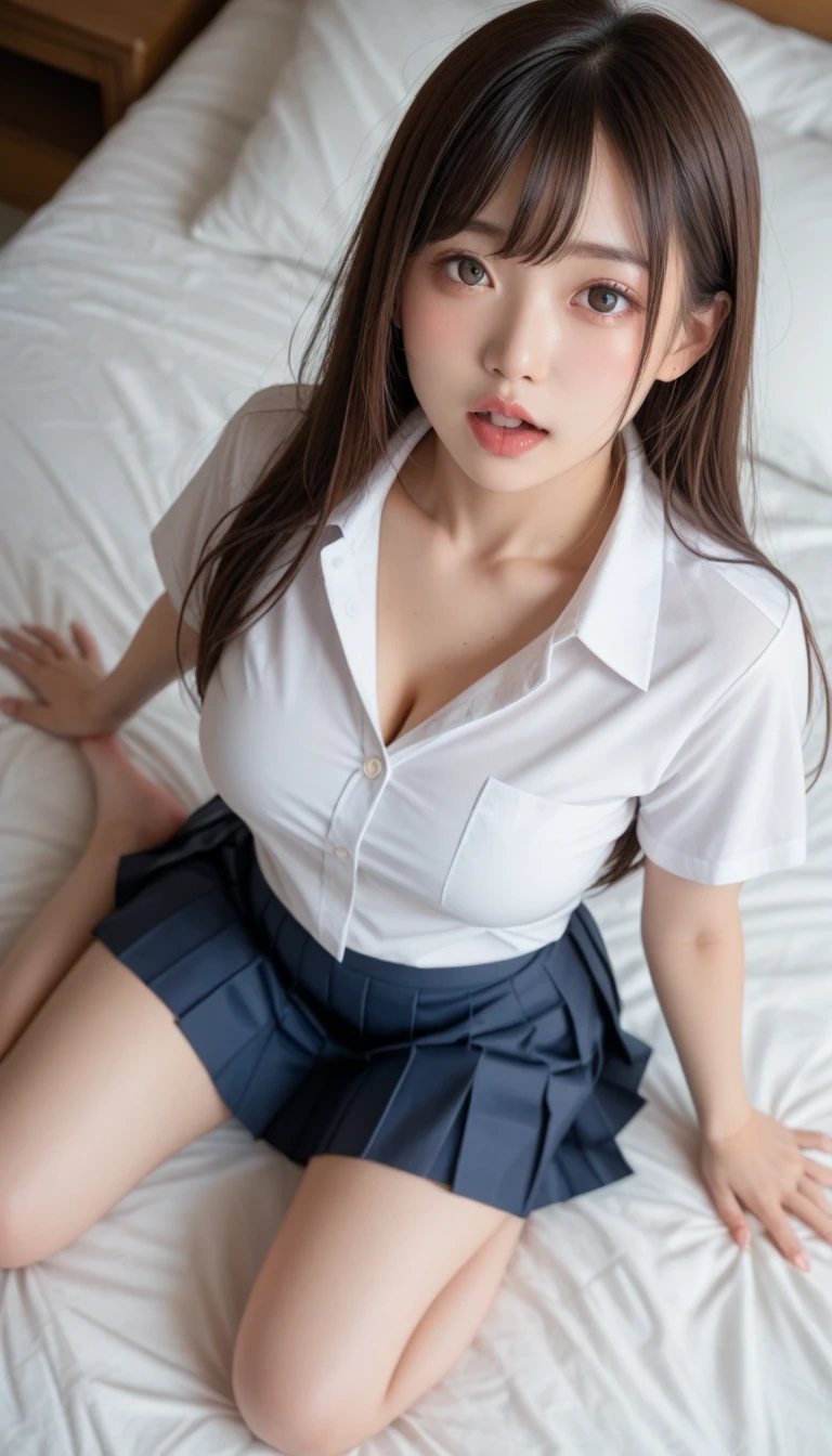 （8k、Raw photo、highest quality、masterpiece：1.2),(spread your legs wide,spread your legs wide open),(long bob cut),looking at the viewer,Looking at the front,strong,erotic,student,Light green Bra,white skin,knees,(black pantyhose),absurd,small face,前hairを真ん中から分けます、I can see the forehead,(please be shy,きついeye,glare,strong,skinny,skinny,get annoyed)、masterpiece,highest quality、超A high resolution,raw panties,Len,beautiful feces,one person, solo,whole body、cute、Return to student,JK uniform,high school girl,japanese woman,standing,（Photoreal：1.37）、photon mapping,realistic、cutesmall face,茶色のeye、black socks、(red bow tie)、radio city、物理ベースのLenダリング、prospect、Depth of the bounds written、blurred background、picture,girls、body,beautiful feet, long legs, thin legs,Tie your hair into one strand on your chest,(前hairが見える), hair, lips, green_eye, nose soft,(light blue shirt), (Navy, blue and white plaid pleated skirt), kneesが見える,thin clothing,, thigh, black cotton socks,Nogizaka Idol, actress, japanese id、big and full breasts、cleavage、Unbutton your shirt and expose your chest、(The detailed shape of a woman&#39;s private parts is clearly visible: 1.4), masturbation girl，whole body写真、lift the skirt yourself、Super fine、low person、No panties、No panties、No bra、No bra、No pubic hair、genitals are wet、on the hotel bed、dim room、Black kneese-high stockings、Black kneese-high socks、