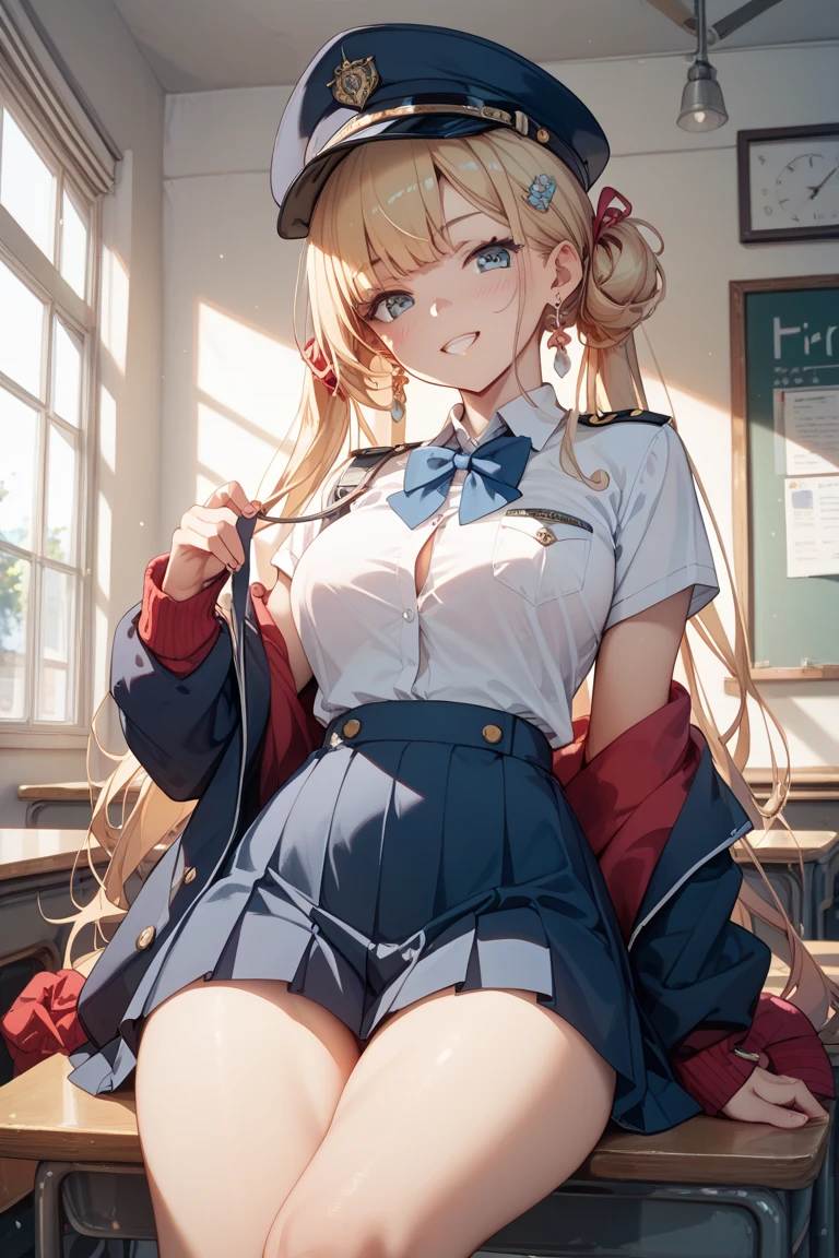 ((highest quality)), ((masterpiece)), (Super detailed), Blonde,Get on the desk,From below,uniform,Short skirt,underwear,(Spread your legs),loose socks,sit,Glare