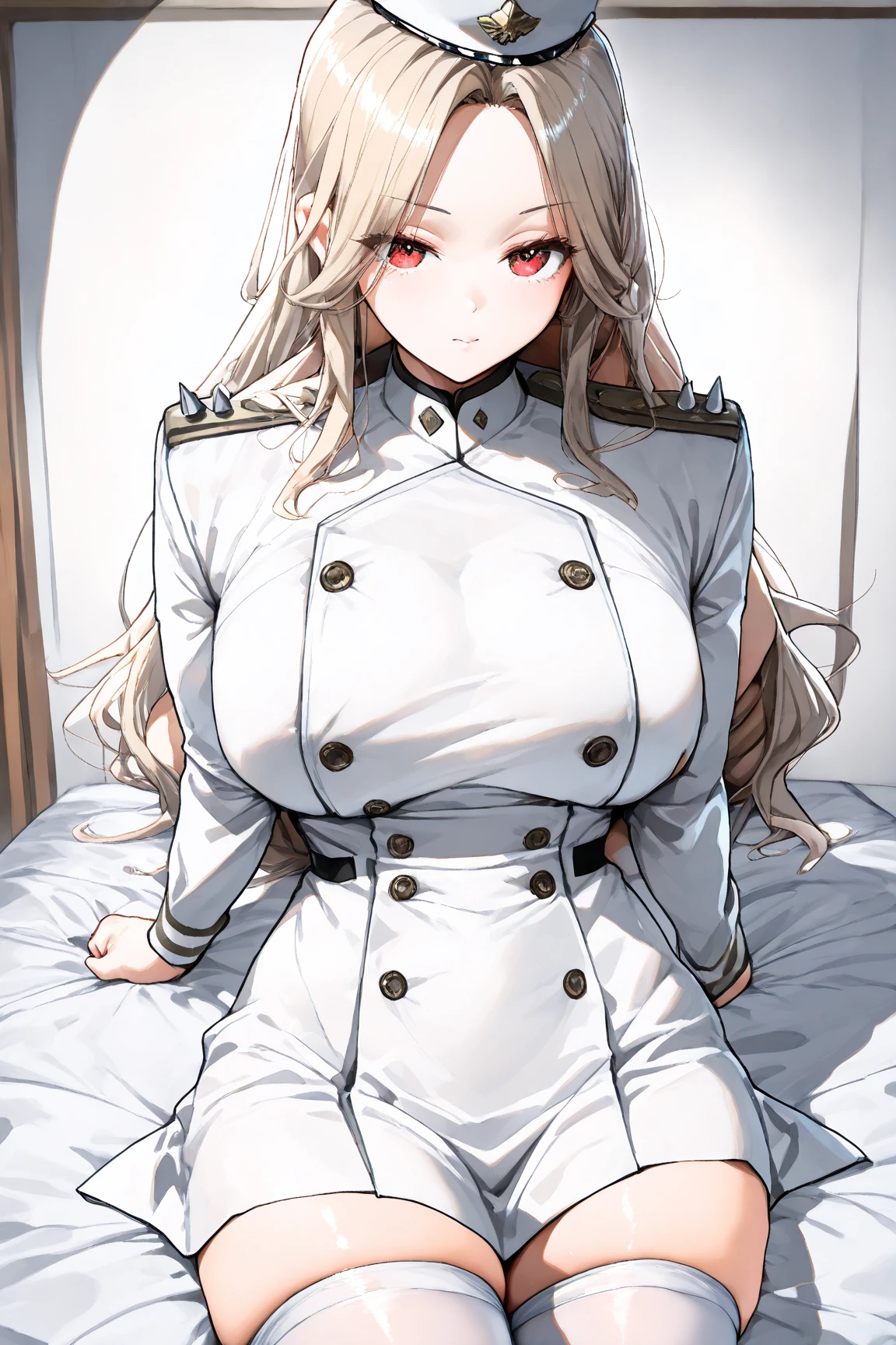 1girl, solo, long hair, big breasts, looking at viewer, bangs, clock blue eyes, red eyes, blush, sitting, nudes, brassiere, pantyhose, underpants, indoors, on the bed, white brassiere, white pantyhose, white underpants, blush, clock eyes, blue eyes, medium hips,