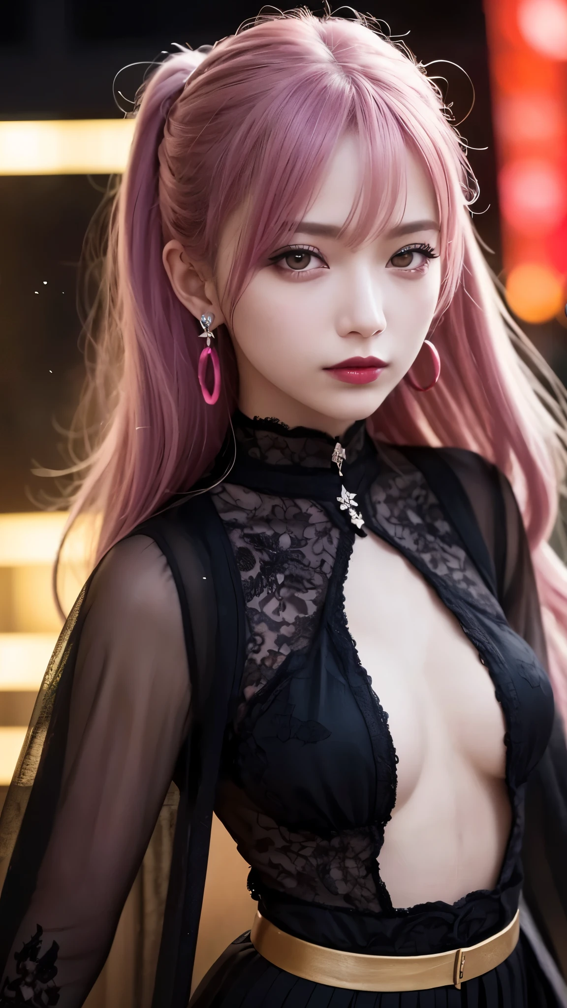 beautiful Kitsune girl wearing black dress, she has waist length pink hair, pink kitsune cat ear, pale white skin, beautiful flirting eyes, high nose, slim face,v-line chin, black halter dress, neck wearing a necklace, city background, close face image