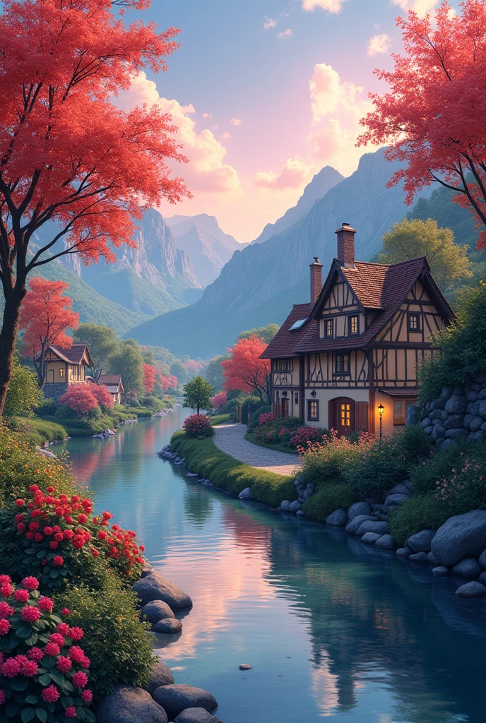 A small riverside village，Mountains in the background，Flowers in bloom ...