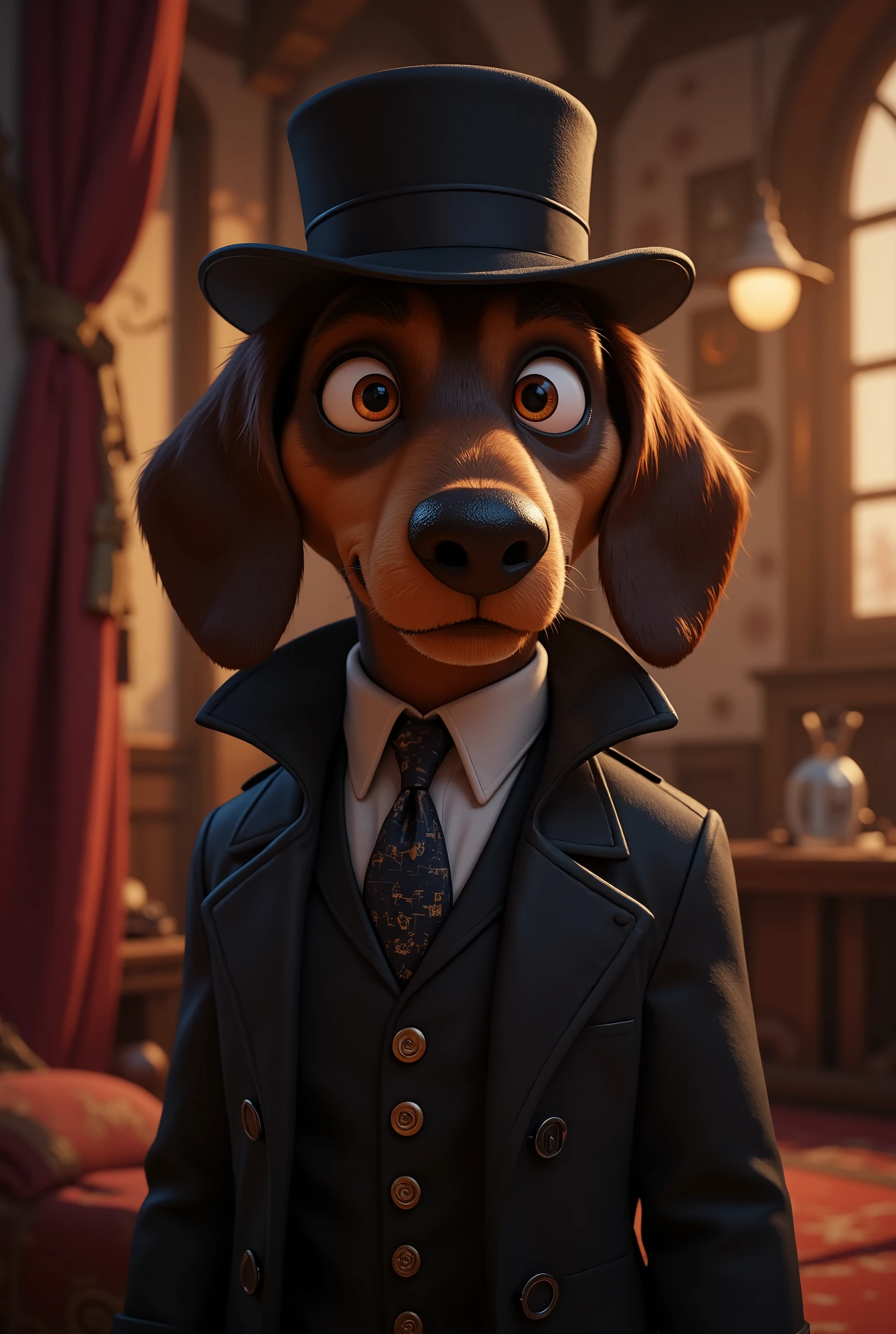 2-D art, cartoon style, old-school Disney, hand drawing, (best quality, masterpiece:1.2), side view, anthropomorphic, a Dachshund dog with short hair, wearing long black coat and black cylinder hat, crime leader, like a 1890s style, noire, simple lines, looking to camera, serteuse look, big expressive eyes, (natural textile texture, soft light, sharp:1.2), (intricate details:1.1), bokeh