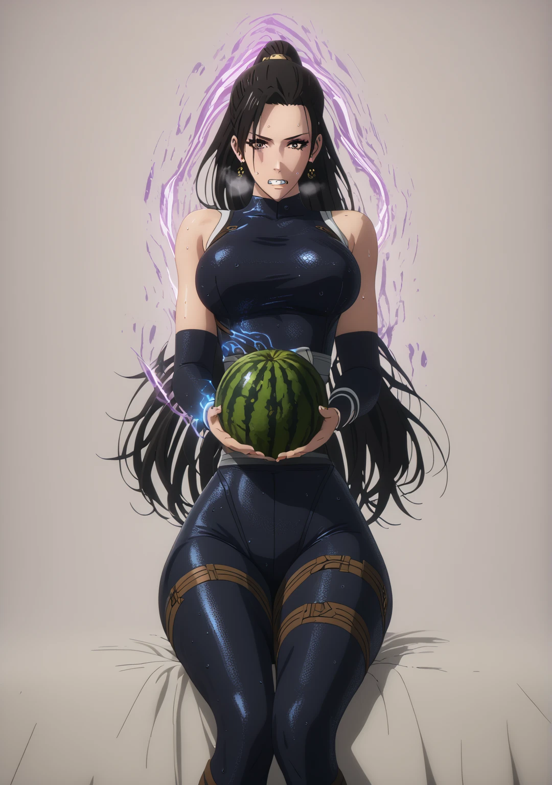 score_9, score_8_up, score_7_up, score_6_up, score_5_up, score_4_up, uncensored, KJOaiko, black hair, brown eyes, long hair, ponytail, anime coloring, anime screencap, (voluptuous:1.3), (thick:1.3), BREAK UHD, retina, masterpiece, accurate, anatomically correct, textured skin, super detail, high details, high quality, award winning, best quality, highres, 4K, excessive sweating, sweating, sweating drop, (gasping, heavy breathing:1.3), (skindentation:1.2), perfect eyes, beautiful eyes, eyelashes, makeup, detailed body, perfect body, BREAK, (aura), (black aura:1.2), 1girl, thick_thighs, solo, breasts, fruit, watermelon, food, thighs, jewelry, unitard, earrings, sitting, between_thighs, ribbon, bodysuit, full_body, wide_hips, clenched_teeth, teeth, sleeveless, makeup