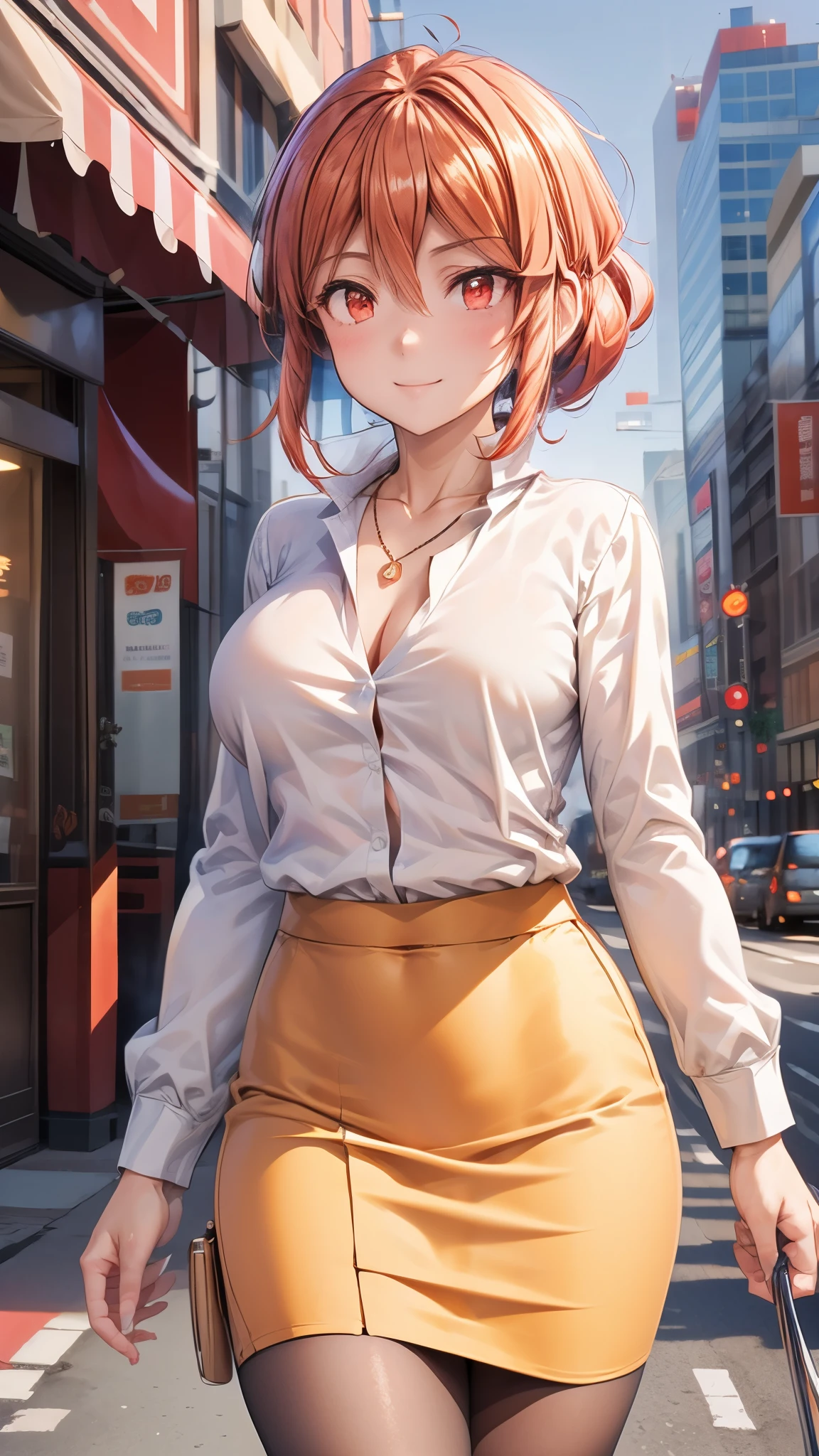 (Ultra High Quality,super high resolution,16k,Super Masterpiece,Ultra HD ,detailed shading and background,)shot from below,Sexy mature ,long-sleeved white shirt,pencil skirt,Chest Valley,necklace,cover,smile,Morning in the city,Place one hand on the side of your head,