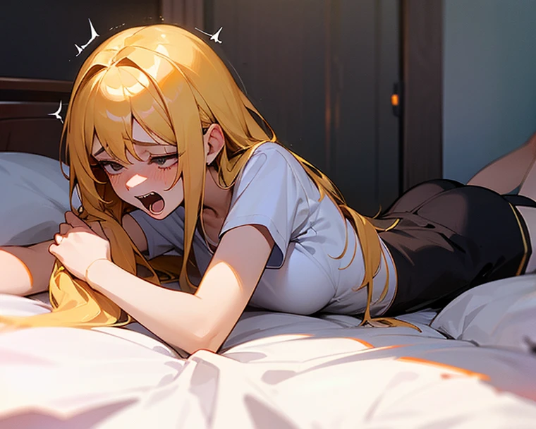 1girl, Arisa ichigaya, x hair ornament, blonde twintails, tank top, panties, sexy body, busty, lying on bed, thighs, wet crotch, (blushing:1.2), (sweaty:1.4), (breath:1.4), pov, (from above view), (twitching lower body), (vibrator on lower body:1.3), eyes closed