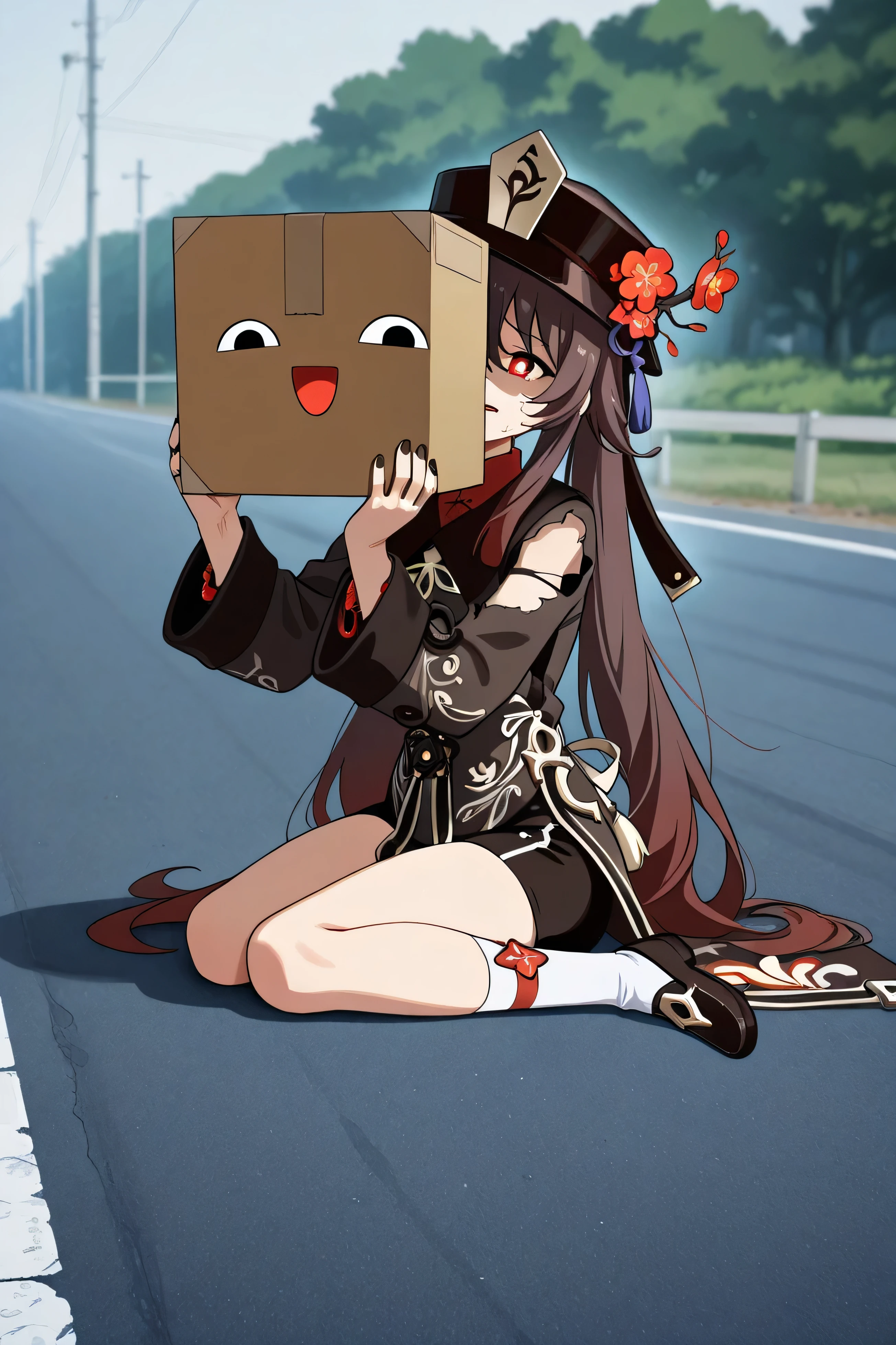 Hu tao,micro,Tired face, meme theme,Clothes torn to shreds, Holding a box that says "help me", sitting on the side of the road, bright atmosphere