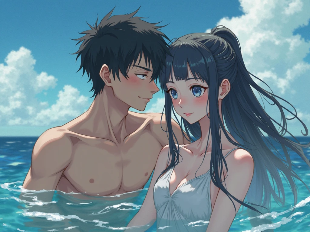 NSFW,masterpiece,Highest quality,High resolution,Super detailed,Yukinoshita Yukino\(My Youth Romantic Comedy is Wrong as Expected\),Black Hair,Long Hair,Light blue eyes,High quality sexy bikini,Halter neck,Small breasts,Embarrassed,blush,beach,Palm tree,Beach parasol,Beach House,(cheerful man),Pick up a girl,The man puts one hand on her waist and hugs her from the side
