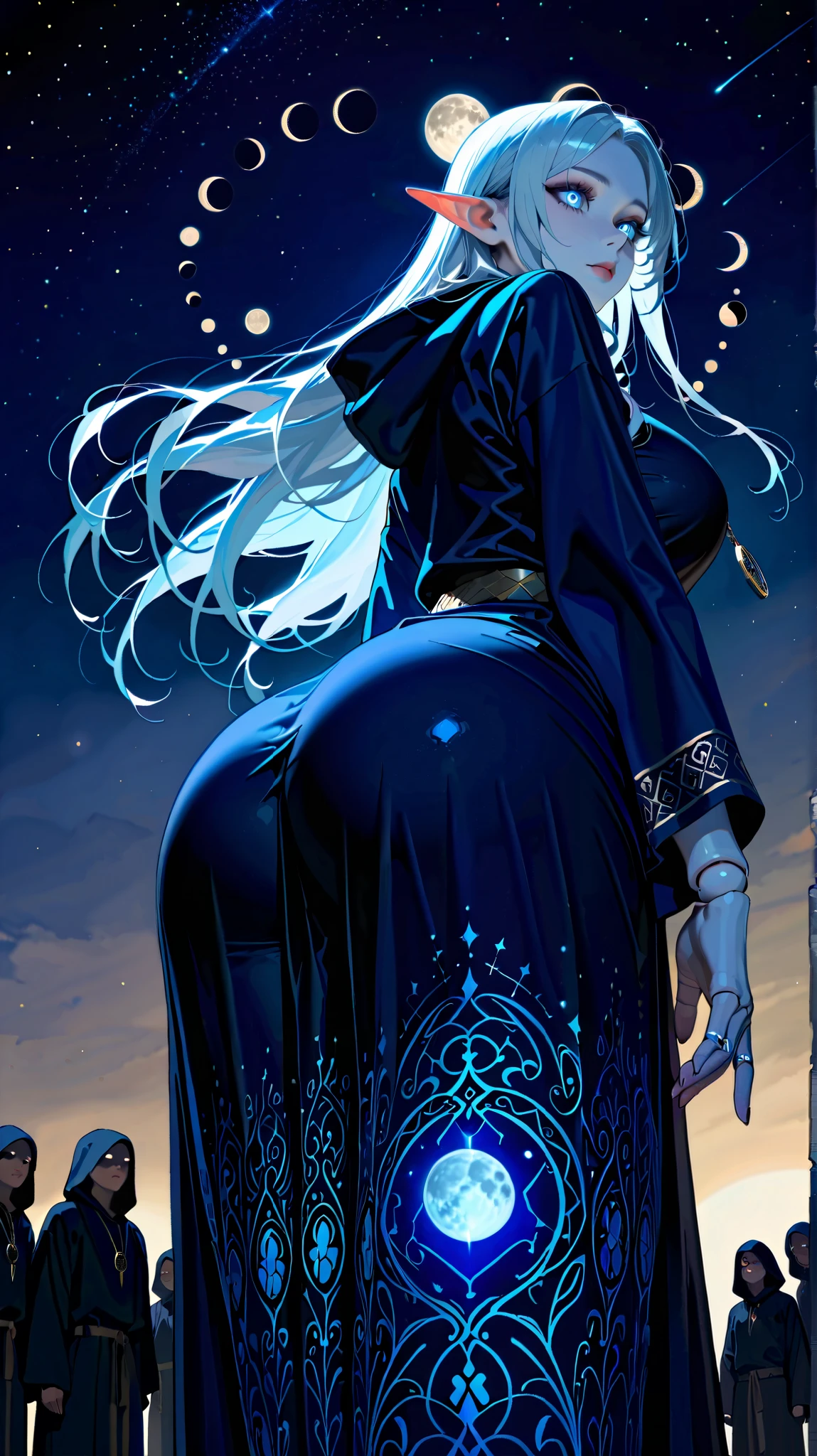 elf ears, pointed ears, ((robe)), ((hood)), ((hood с рогами)), mysterious , mysterious, otherworldly, Single, sage, Moon creature, moonlight, silver-white hair, Shimmering blue and silver ribbons, moonlit night, (( reflective eyes )), Deep wisdom, melancholy , graceful, pale glow , moonlight glow, silver-white hair, Shimmering blue and silver ribbons, reflective eyes , Silver-blue glow, moonlit night, flowing dress , moon phases , navy blue , deep purple, Silver and golden sky patterns, stars, moons, constellations, fits a high collar , hood, silver amulet, Delicate chain, flashlight, moon, Gentle light source, Silver rings , moonstones, ((1girl)), (( prank )), ((Big ass)), ((big eyes)), (( colored skin)), (hooded robes)), ((robes)), ((from below)), ((adult)), ((big breasts)), (( prank )), ((striptease)), ((nsfv)),(((Puppet joints)))