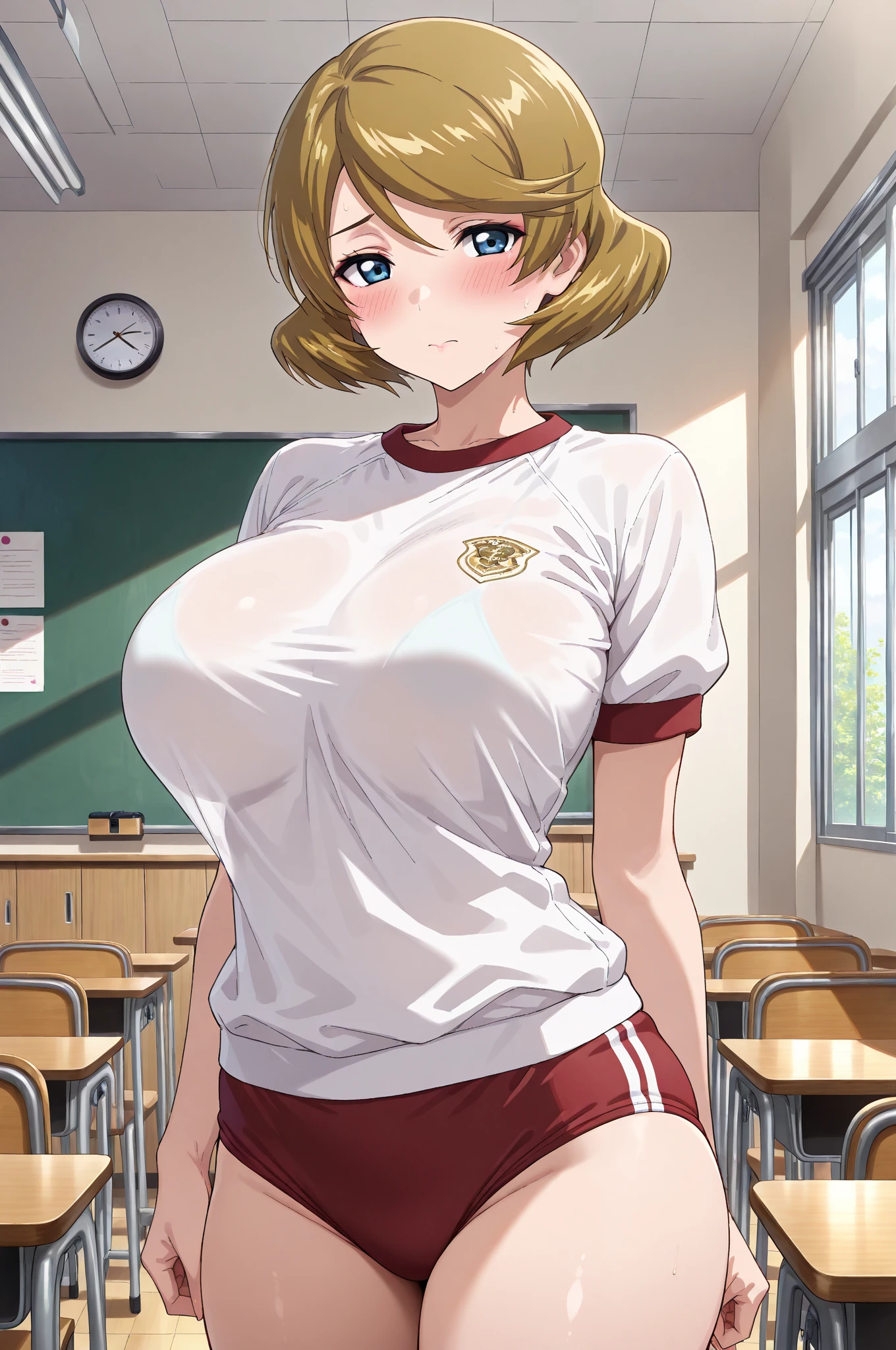 1girl,fgonero, nero, ahoge, blonde hair, (green eyes:1.5), hair between eyes, hair intakes,
BREAK braid, buruma, french braid, gym shirt, gym uniform, hair bun, headband, official alternate costume, red buruma, red headband, single hair bun, blush, ahegao, (wet closing), (sweat), (steam), (Wet and transparent), (huge breasts, gigantic breasts),
BREAK
BREAK squat, open legs, arm behind head,
BREAK indoors, classroom, midnight,
BREAK (masterpiece:1.2), best quality, high resolution, unity 8k wallpaper, (illustration:0.8), (beautiful detailed eyes:1.6), extremely detailed face, perfect lighting, extremely detailed CG, (perfect hands, perfect anatomy),