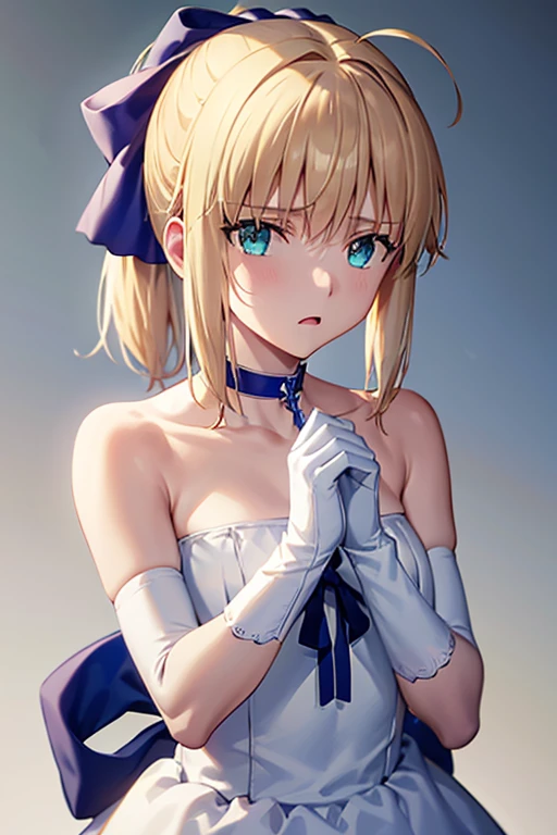 Best Quality, masutepiece,Saber, Faltria, 1girl in, gloves, elbow groves, Choker, White Dress, official alternate costume, breasts, 鎖骨, Ponytail, White Gloves, cleavage, straplessdress, Bow, Bare shoulders, Short hair, parody, Blue choker, Hair Bow, Blue Ribbon, Hanging both hands in chains、Hands are chained、