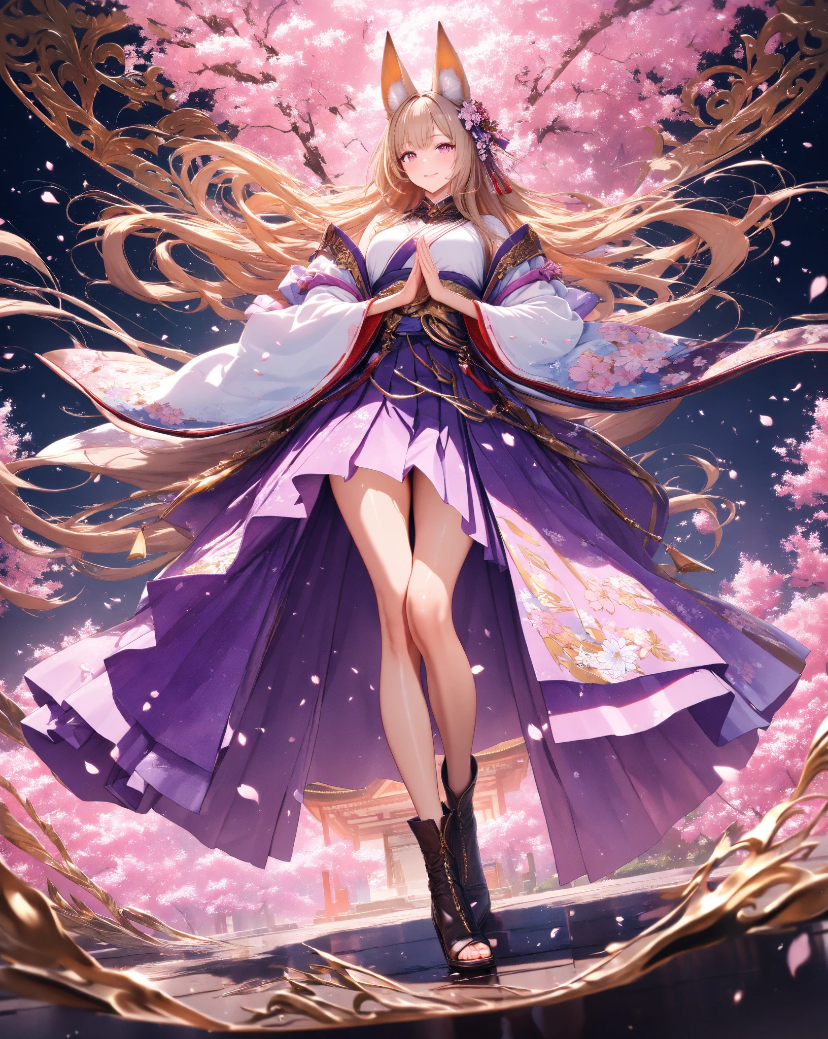 Yuzuki Yukari vocaloid  girl light brown hair golden eyes white priestess outfit with angel's hello long white boots staff with purple gems angel's light wings