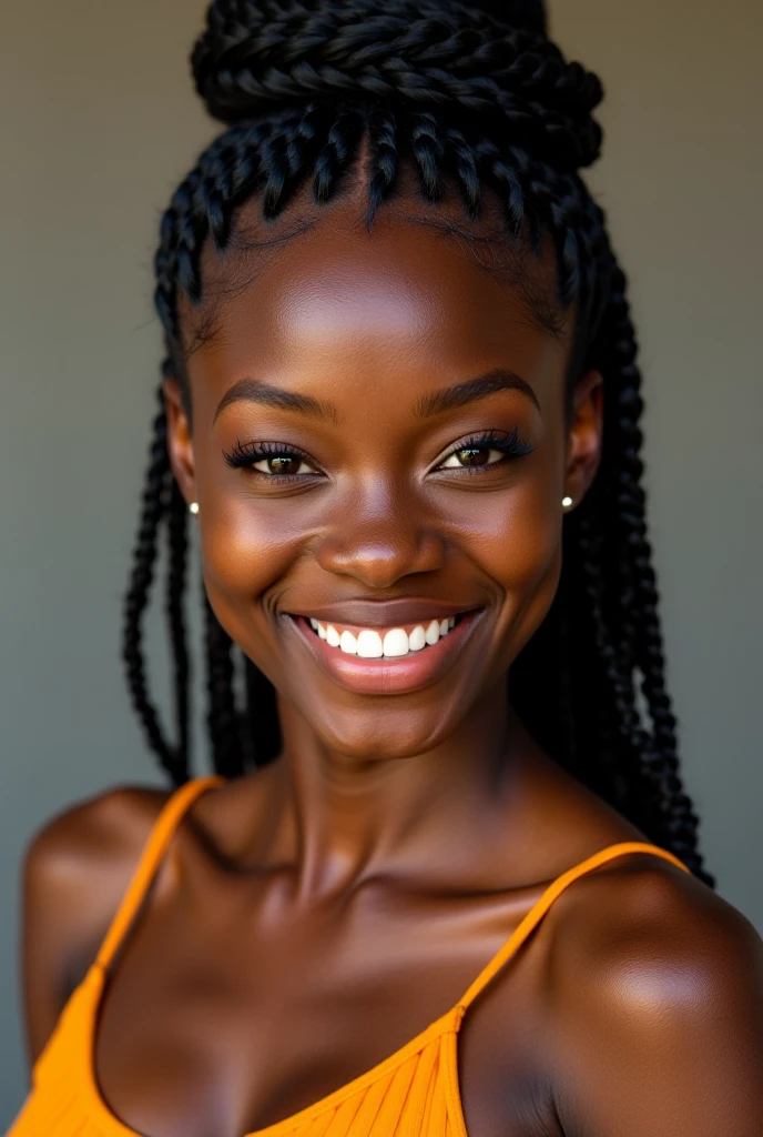 A slim Black woman with short hair crouching bob box braid having dimples, big lips, gaps between her teeth and a narrow short nose facing camera with far smile. Show gaps in her teeth 