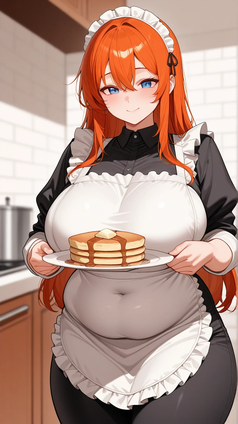 Obese body, obese arms, obese legs, obese face, double chin, double-chin, fat girl, obese girl, big breasts, breast expansion, belly expansion, body expansion, stuffed belly, glutton, obese breasts, massive breasts, leaking milk, lactation, naked, , no clothing, bad body unhealthy, overweight, weight gain, red hair, long hair, curious face, eating doughnut, doughnuts on plate, in kitchen, at home,